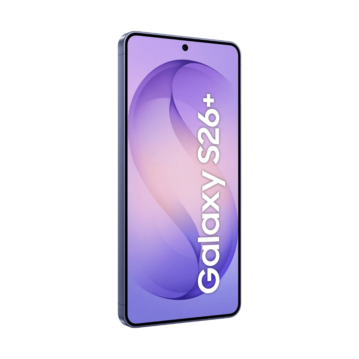 Galaxy S26+ smartphone with a purple display and rounded corners on a white background.