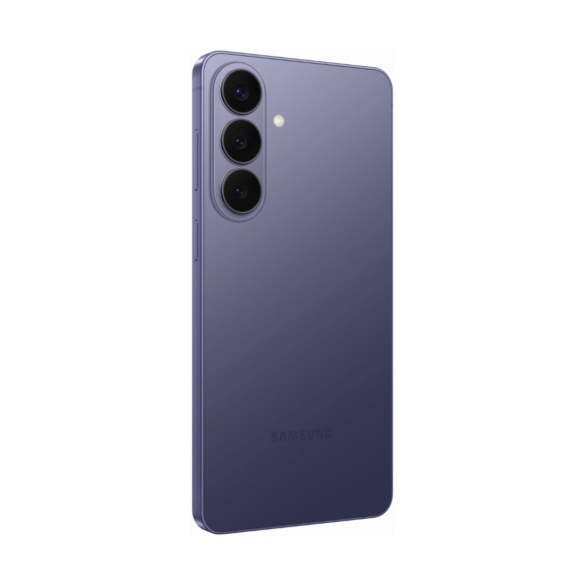 Back of a purple Samsung smartphone with a vertical triple camera and flash on a white background.
