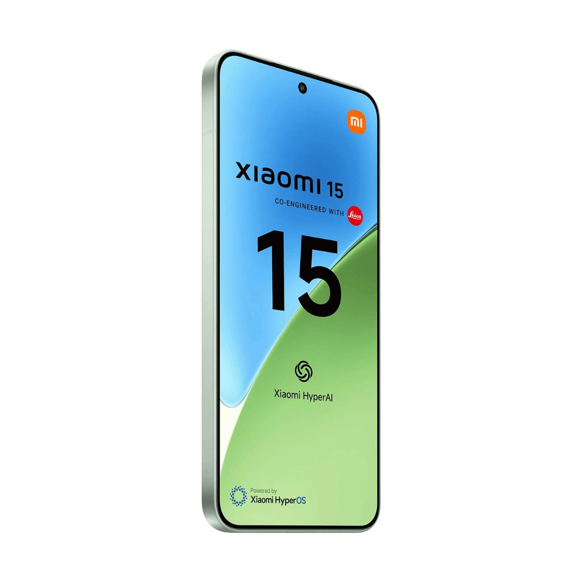 Uno smartphone Xiaomi 15 con bordo verde e schermo verde chiaro e blu su sfondo bianco.
