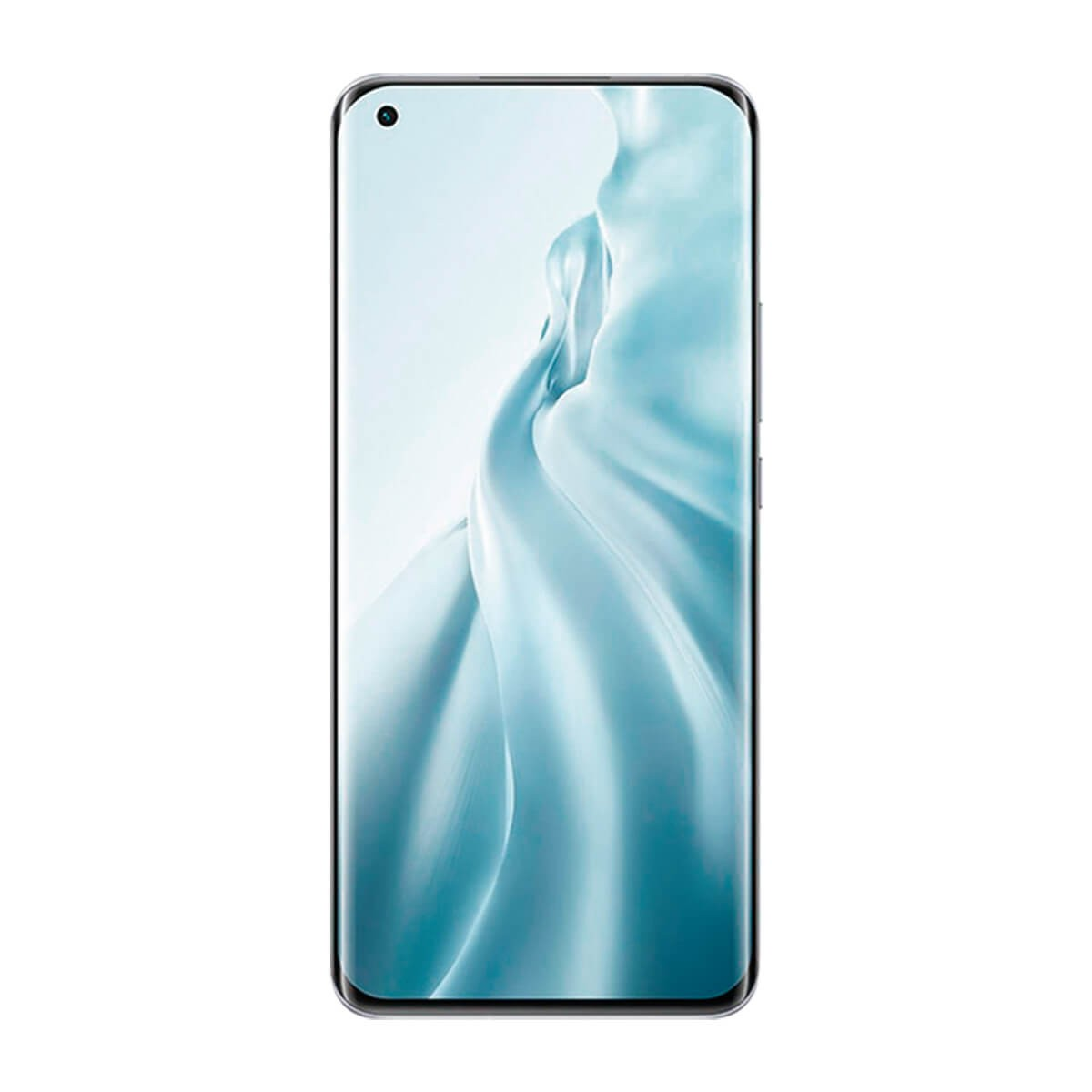 Vista frontale di uno smartphone con schermo senza bordi e sfondo grafico azzurro e fluido.