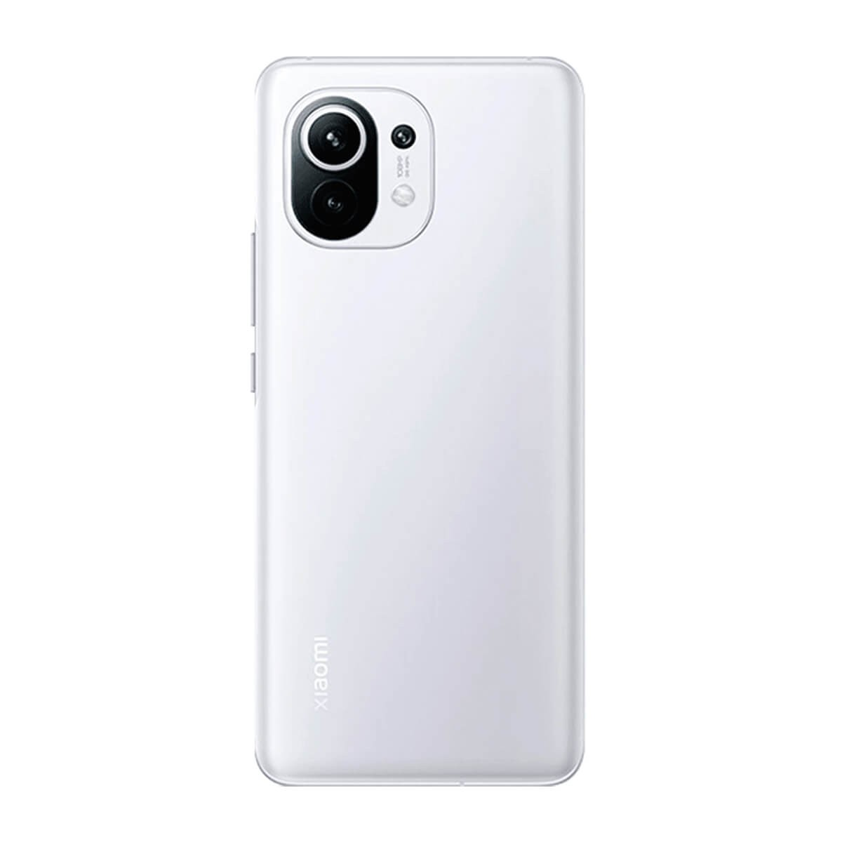 Il retro di uno smartphone Xiaomi bianco con un modulo a doppia fotocamera nell'angolo in alto a sinistra e il logo.