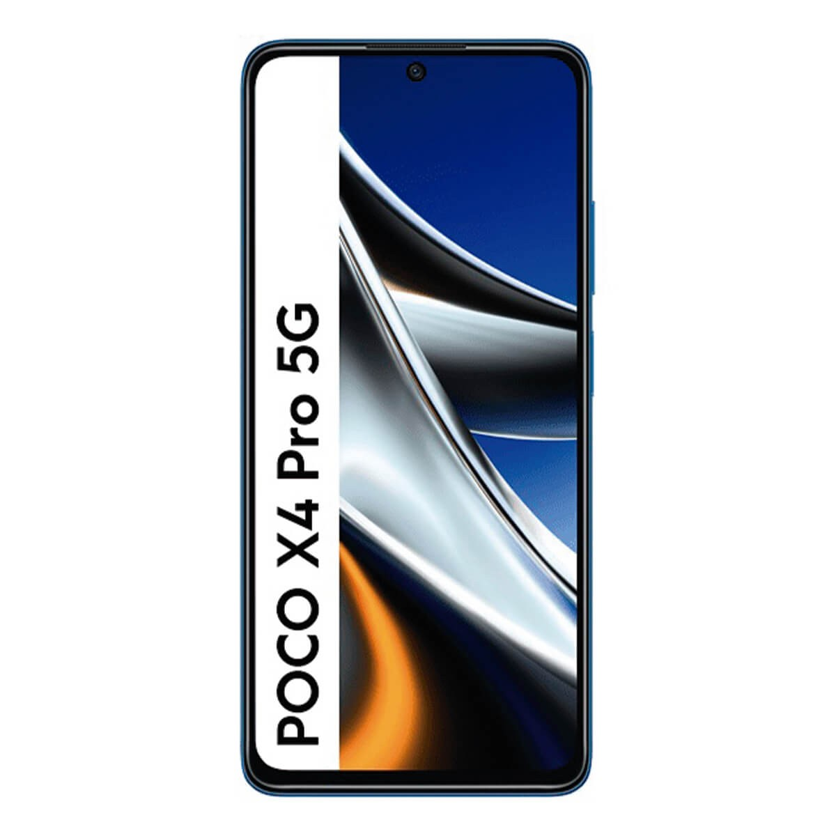 Vista frontal del smartphone POCO X4 Pro 5G azul con diseño de pantalla abstracto y barra de texto blanca.