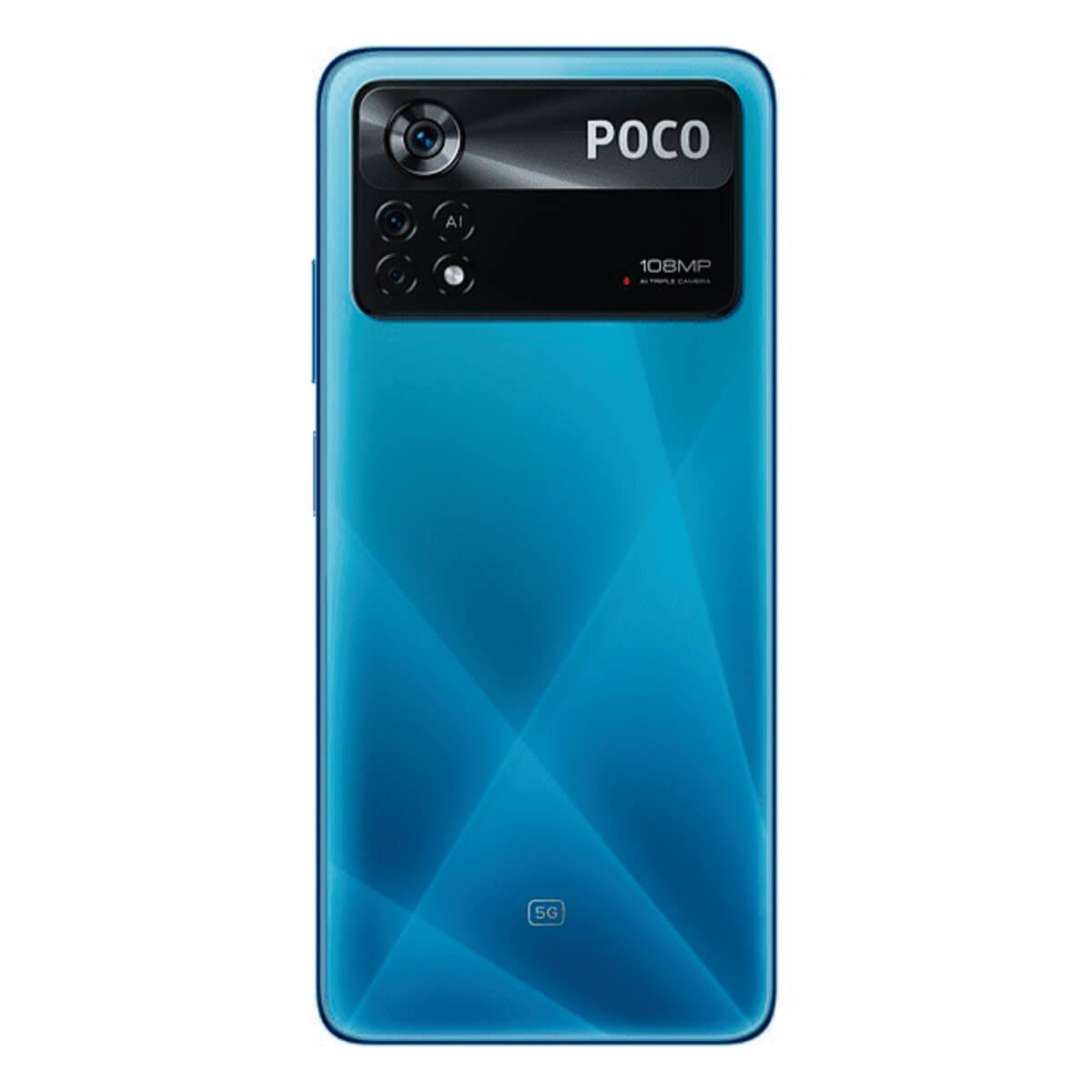 Parte trasera de un smartphone POCO azul con módulo de triple cámara y logo 5G.