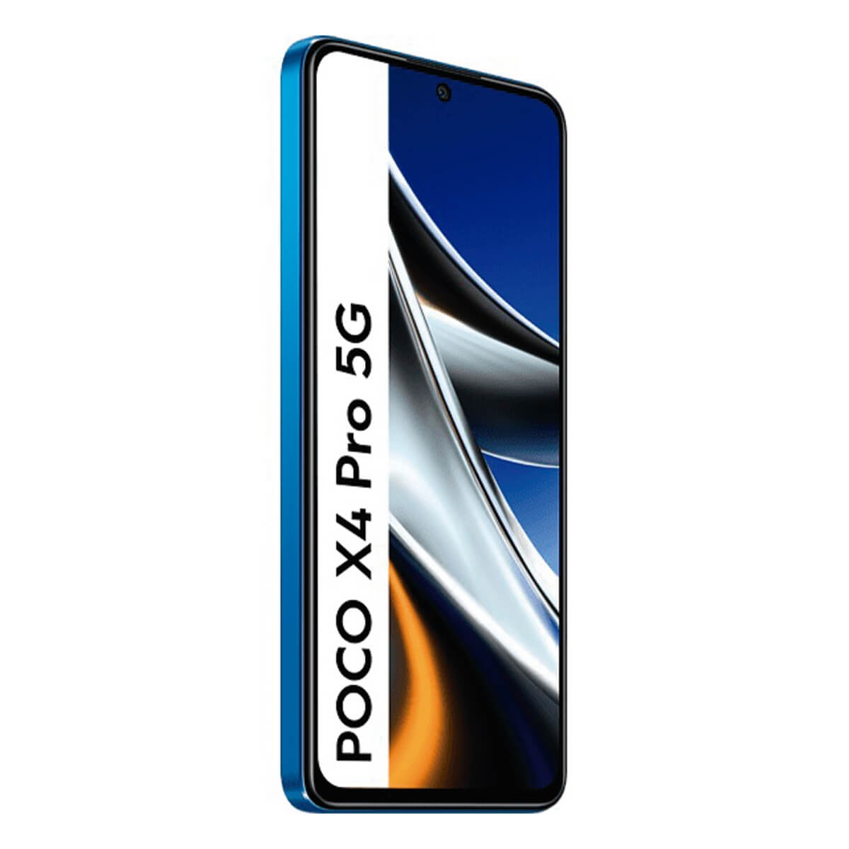 Un teléfono inteligente azul con el texto Poco X4 Pro 5G en la pantalla sobre un fondo blanco.