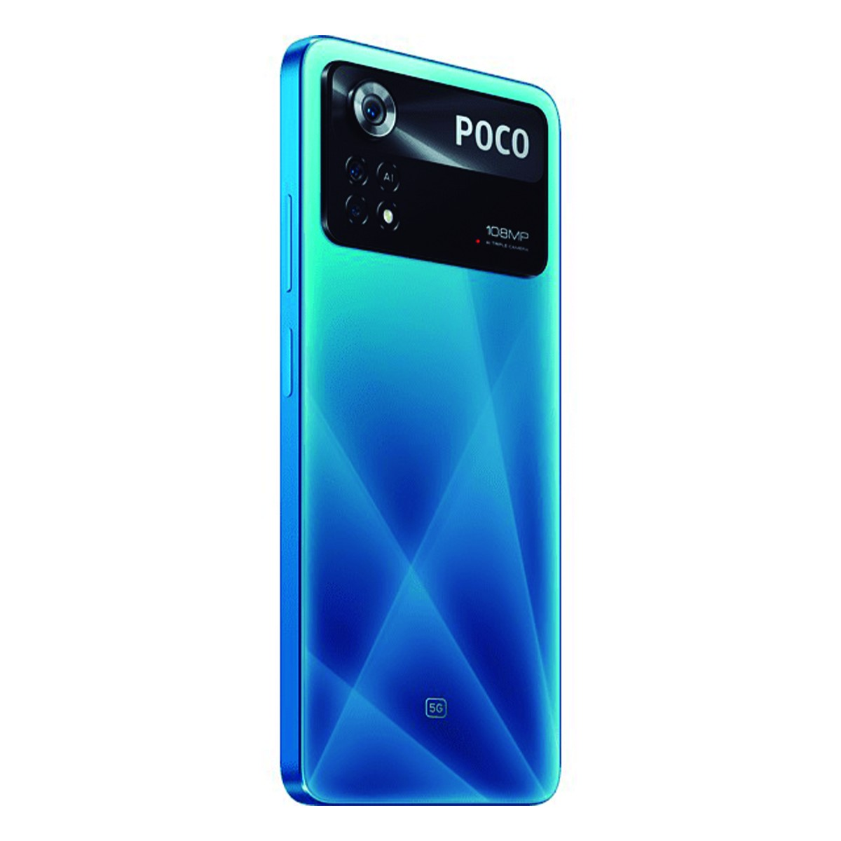 Un smartphone Poco azul y verde visto desde atrás, con un gran módulo de cámara y la marca POCO.