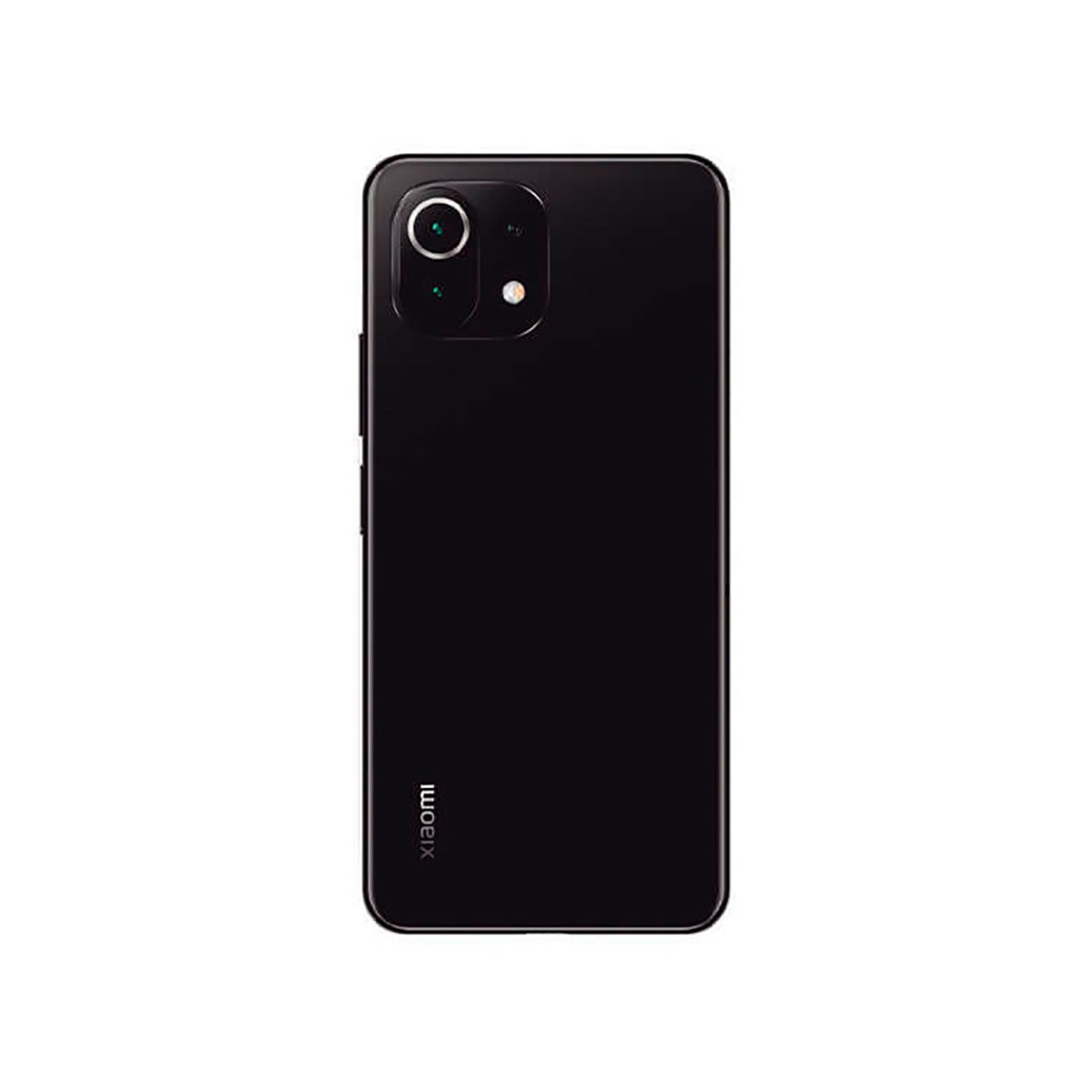 Retro di uno smartphone Xiaomi nero con modulo fotocamera verticale e logo Xiaomi su sfondo bianco.
