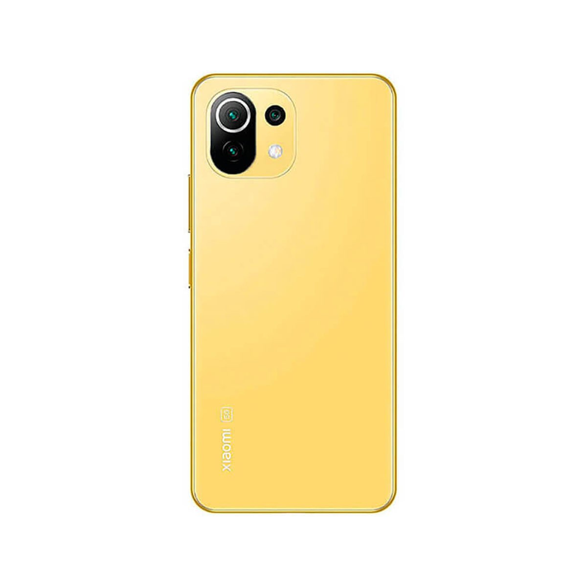Il retro di uno smartphone giallo con un modulo a doppia fotocamera in alto a sinistra e il logo Xiaomi 5G in basso.
