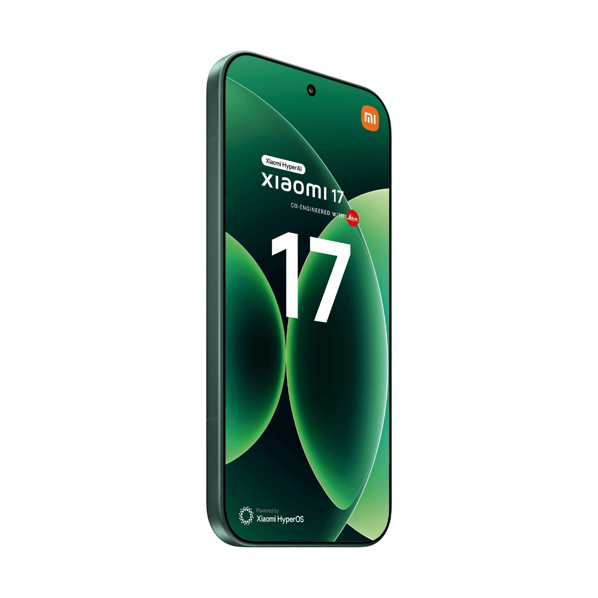 Smartphone verde Xiaomi 17 con display verde e la scritta Xiaomi 17 al centro.