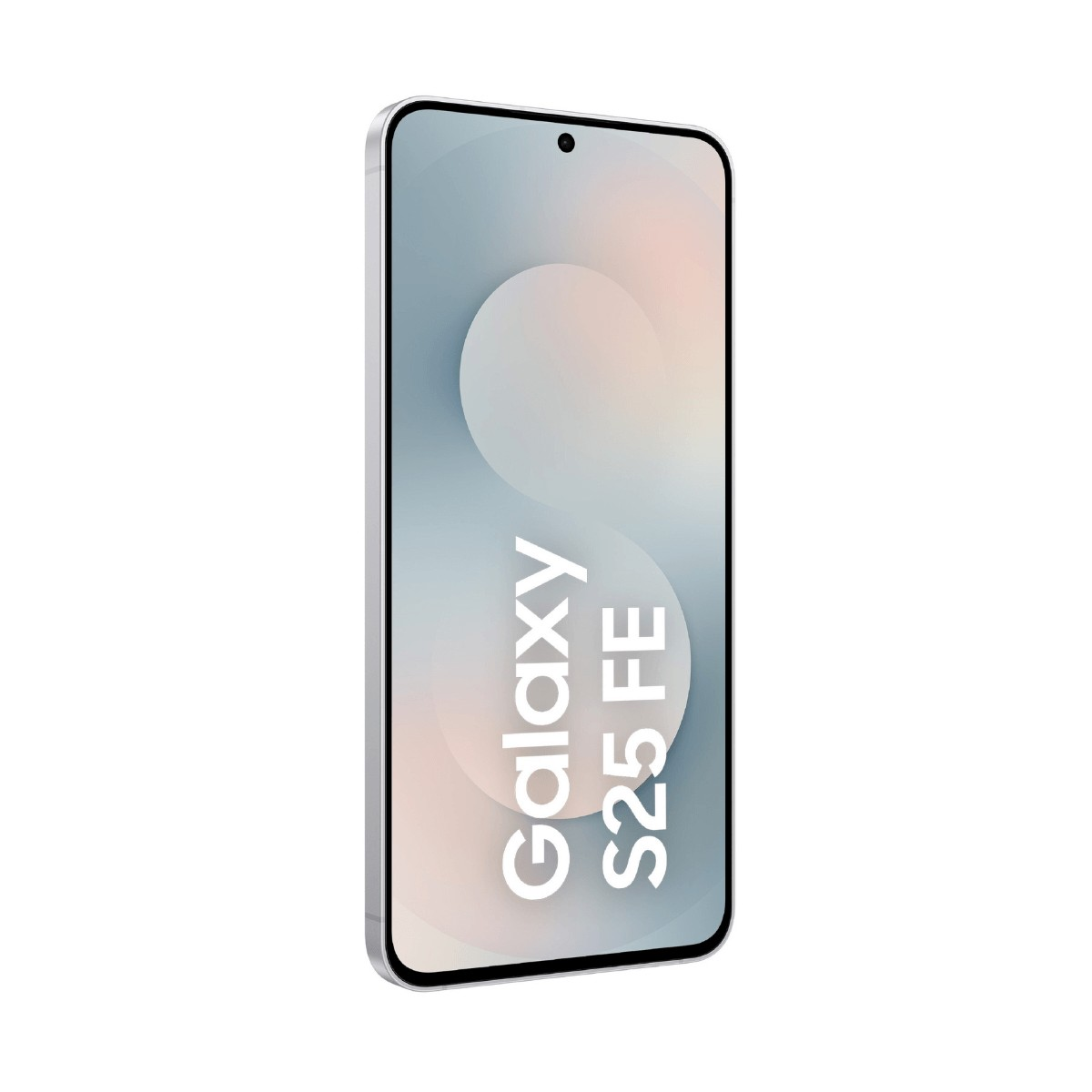 Uno smartphone argento con la scritta Galaxy S25 FE sullo schermo su sfondo bianco.