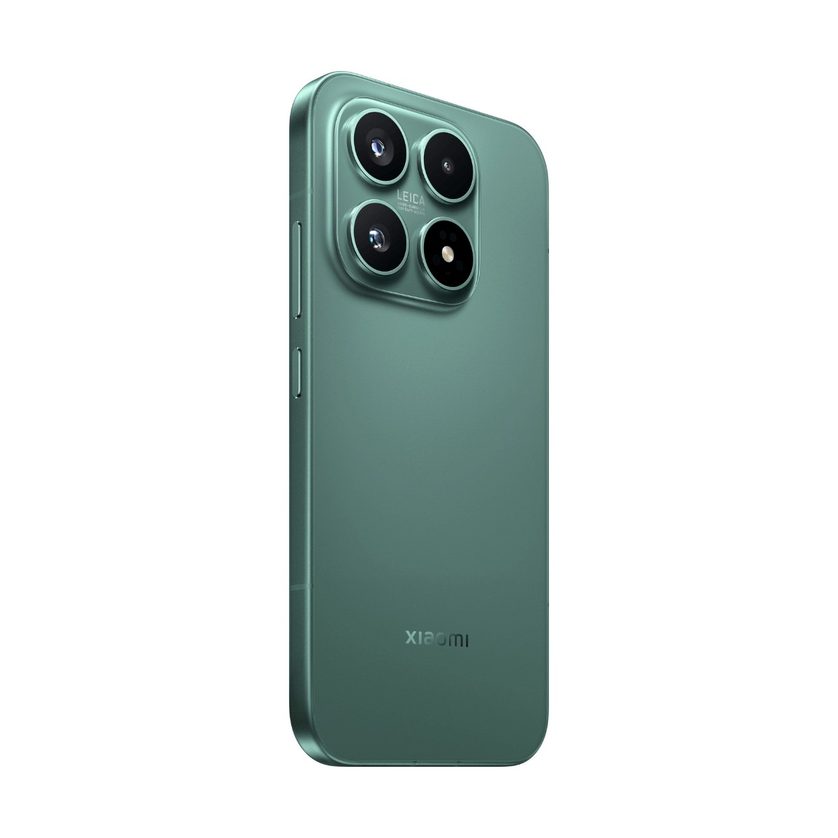 Vista posteriore di uno smartphone Xiaomi verde con quattro fotocamere in disposizione quadrata.