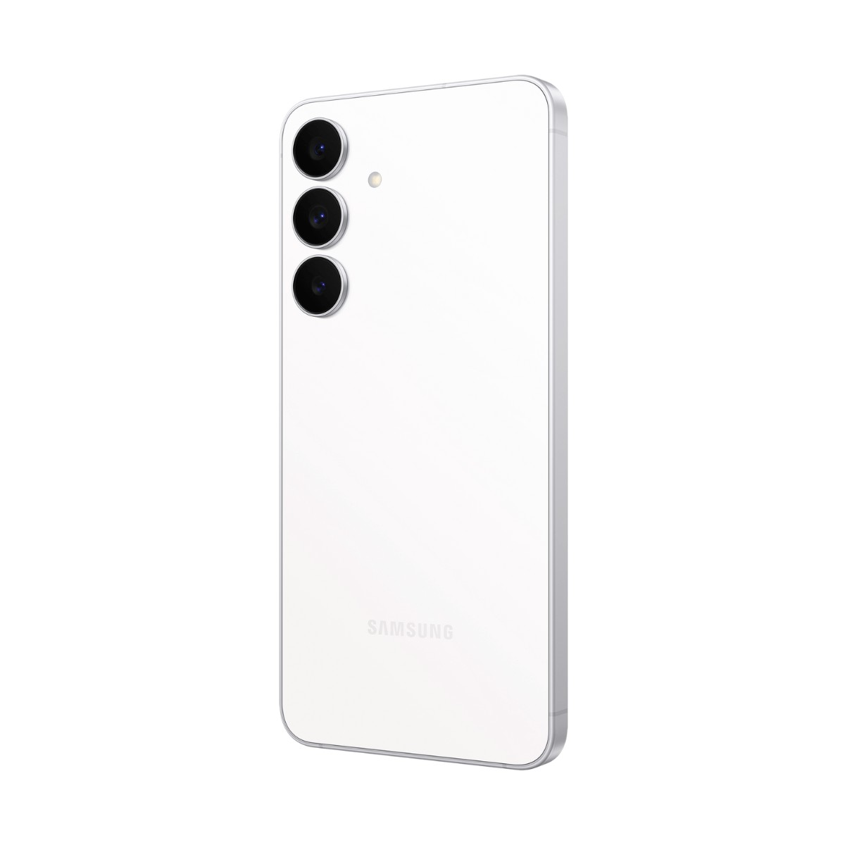 Retro di uno smartphone Samsung bianco, con tripla fotocamera verticale e logo in basso.