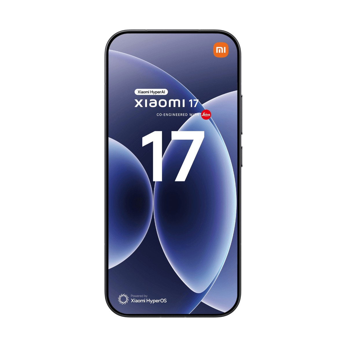 Uno smartphone nero con angoli arrotondati mostra il testo Xiaomi 17 su sfondo blu e bianco.