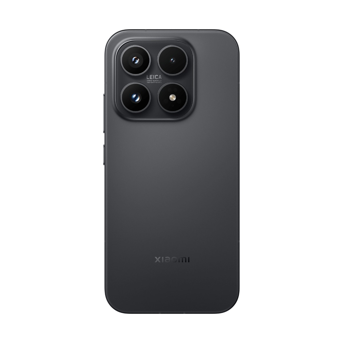 Retro di uno smartphone Xiaomi grigio scuro con un modulo fotocamera quadruplo quadrato e marchio Leica.