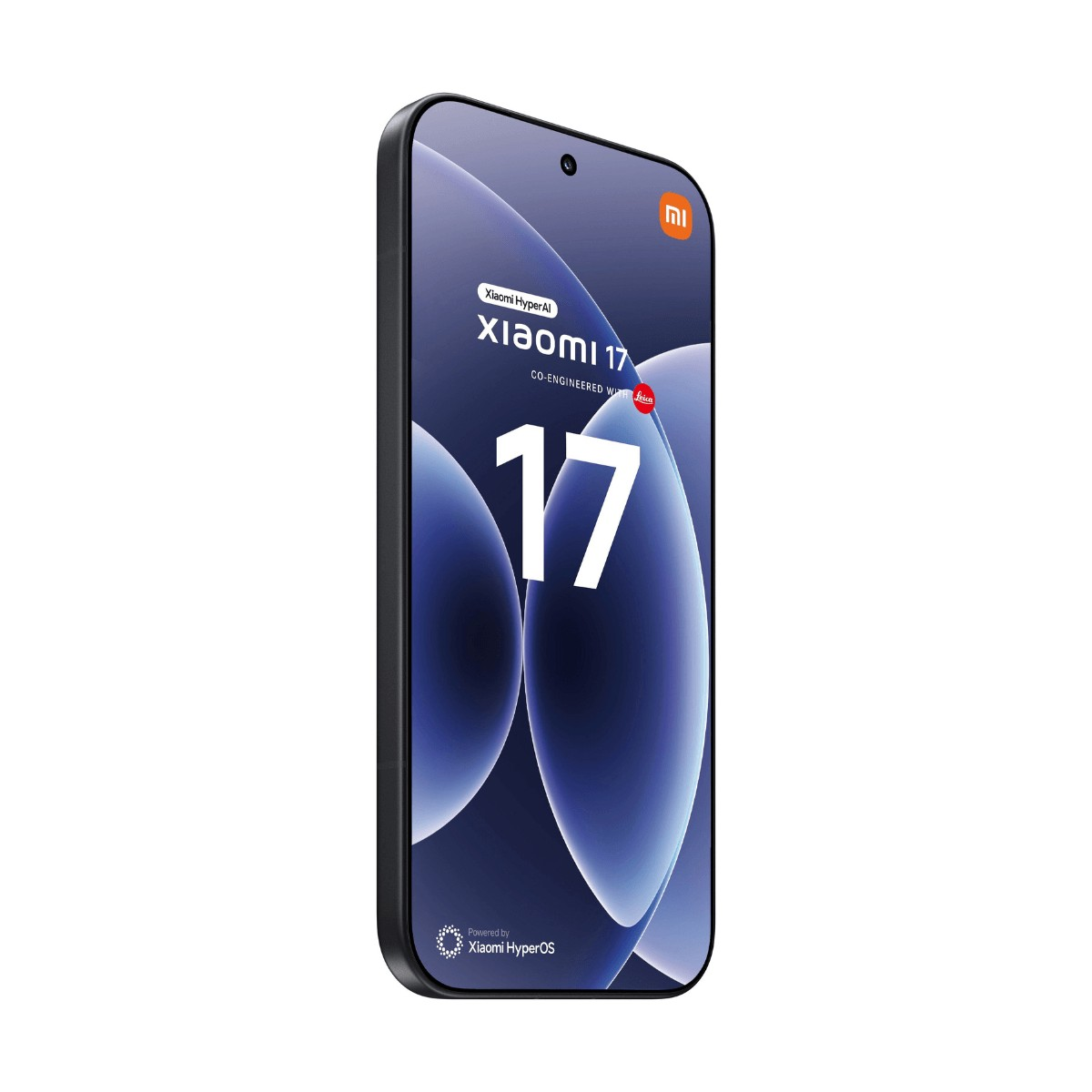 Uno smartphone Xiaomi 17 nero inclinato, che mostra uno sfondo blu con testo bianco.