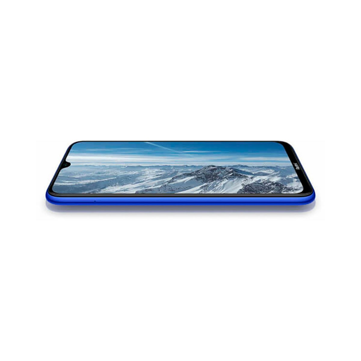 Uno smartphone blu è posizionato piatto su sfondo bianco, mostrando l'immagine di montagne innevate.