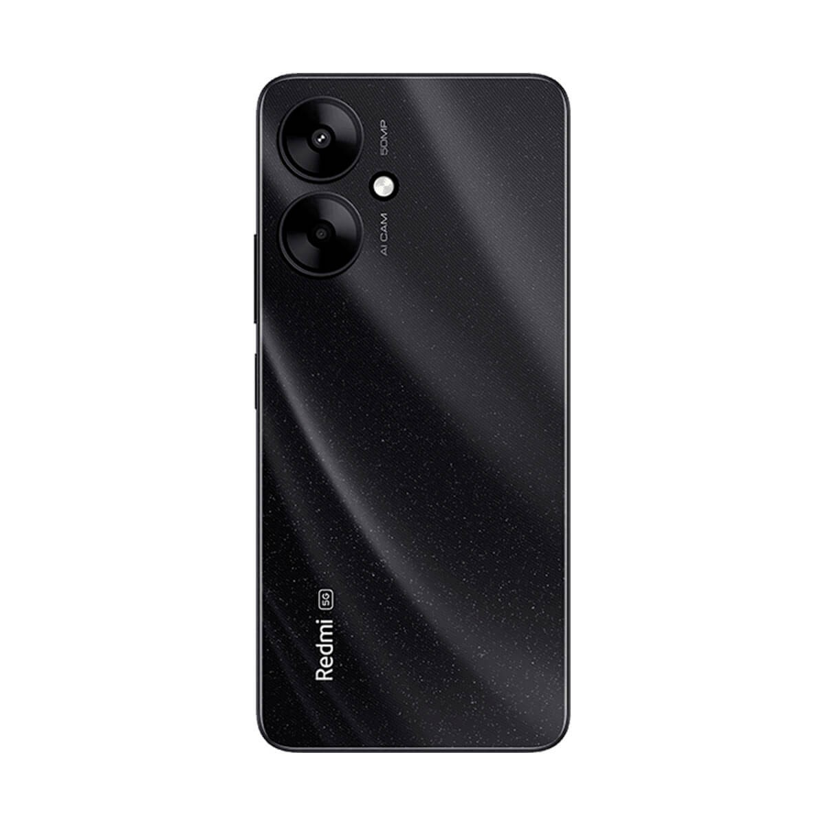 Retro di uno smartphone Redmi 5G nero con doppia fotocamera e logo bianco.