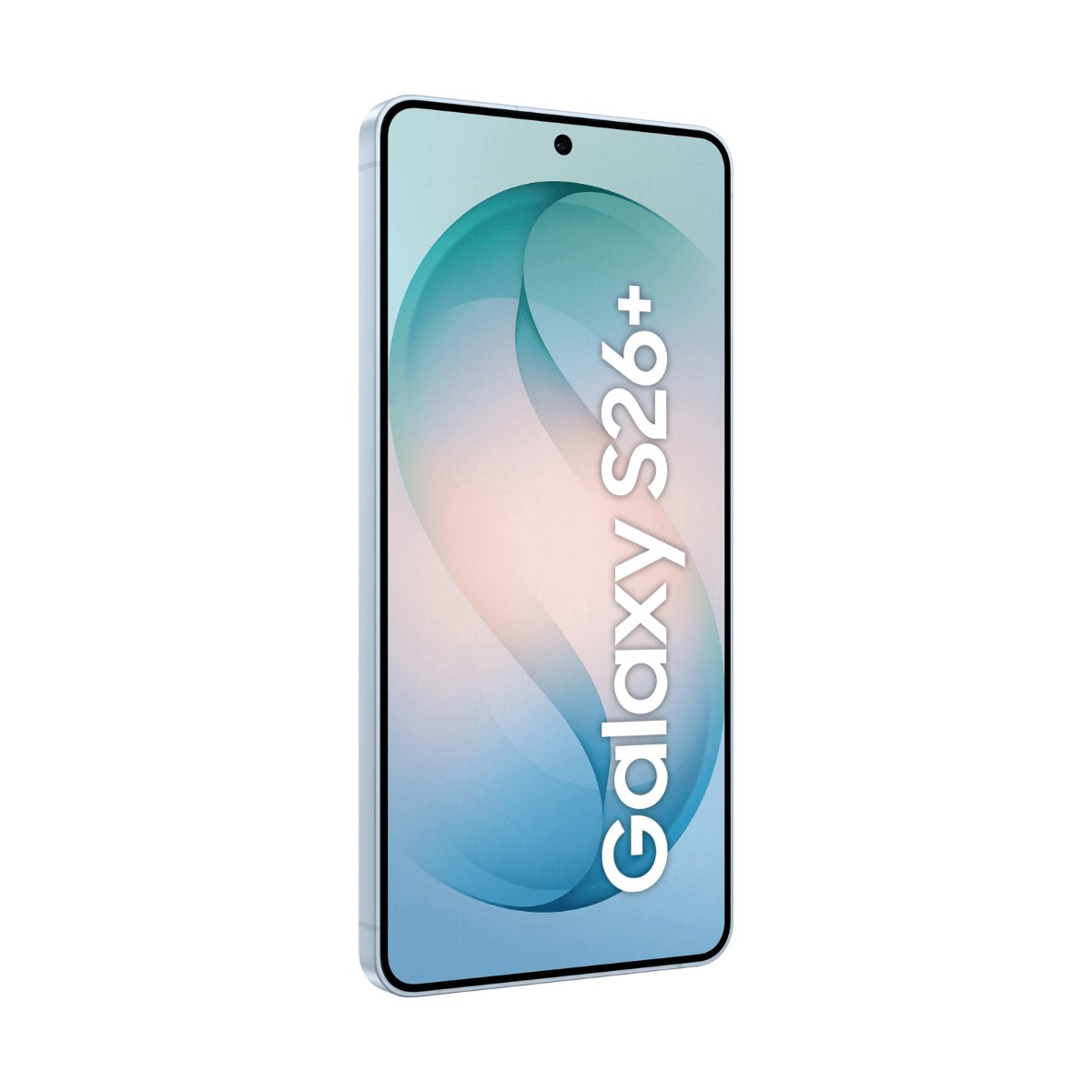 Smartphone con sfondo chiaro e scritta Galaxy S26+ sullo schermo.