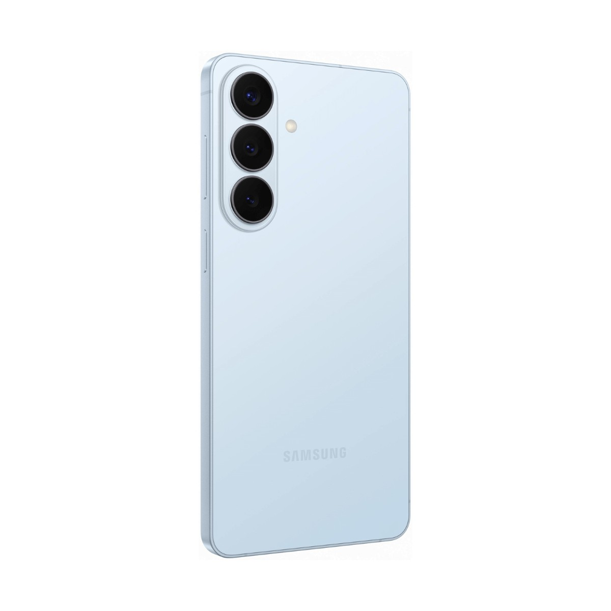 Vista posteriore di uno smartphone Samsung azzurro, con tre fotocamere verticali a sinistra e il logo in basso.