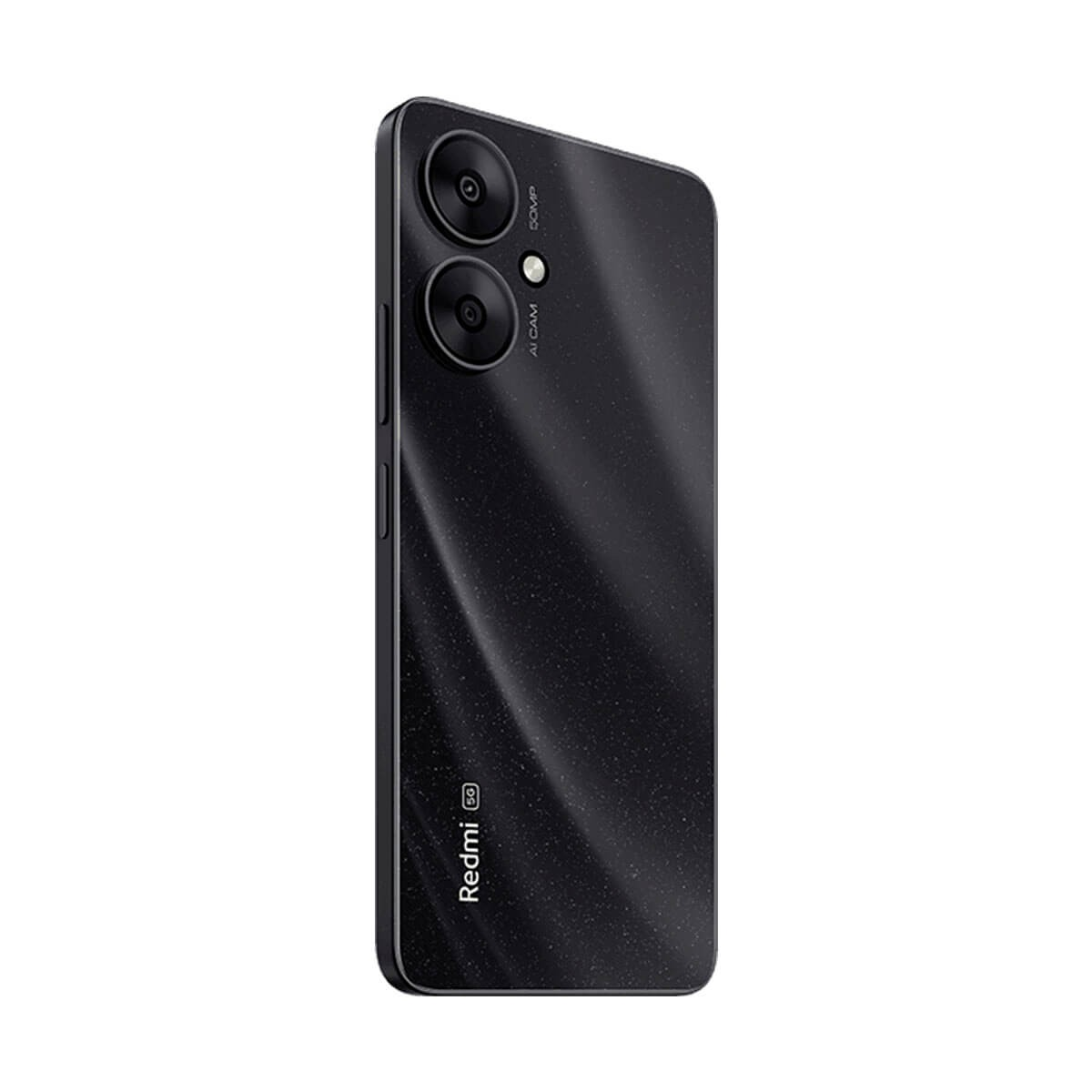 Retro di uno smartphone Redmi nero con due obiettivi fotografici verticali e logo.