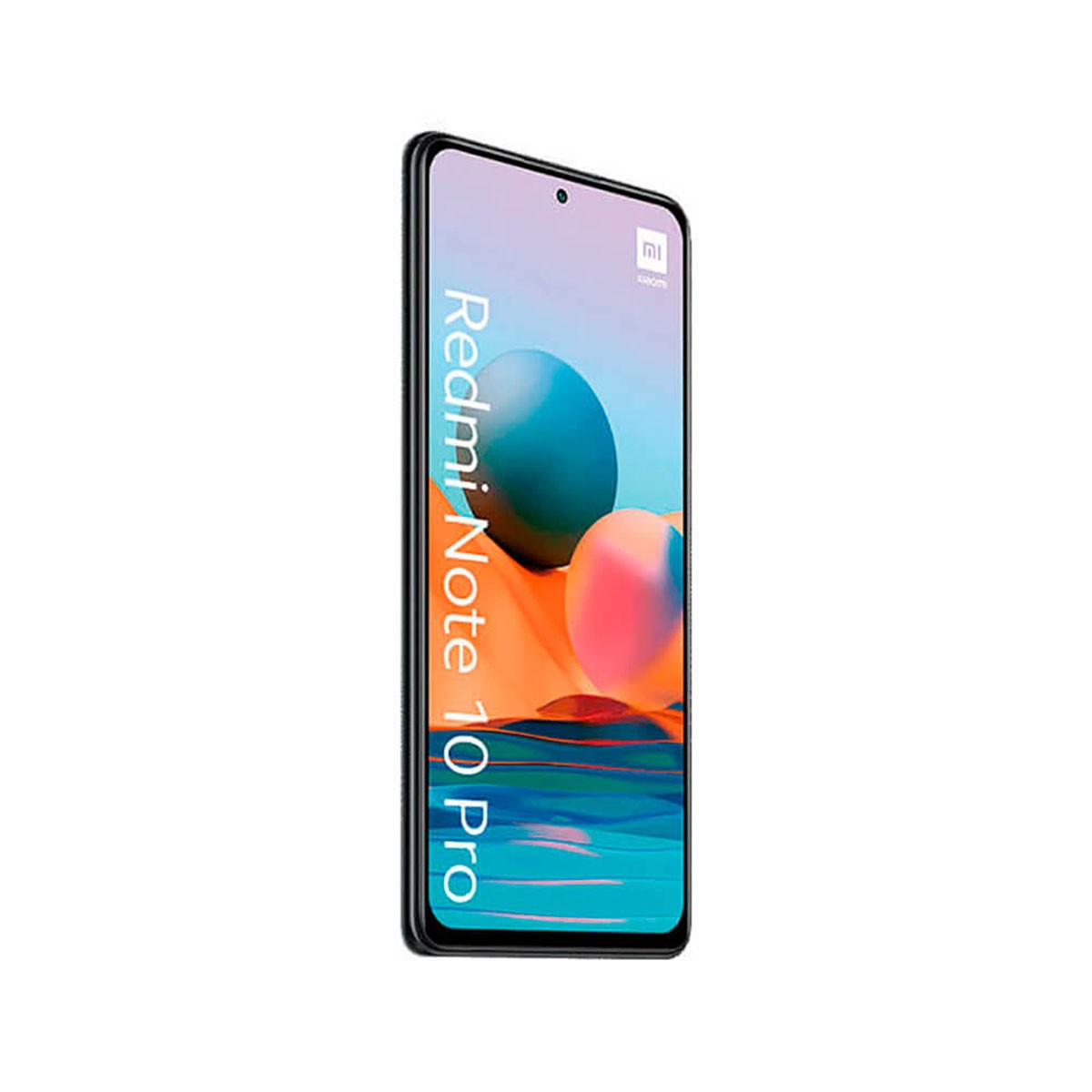 Vista frontale dello smartphone Redmi Note 10 Pro con sfondo colorato e testo.