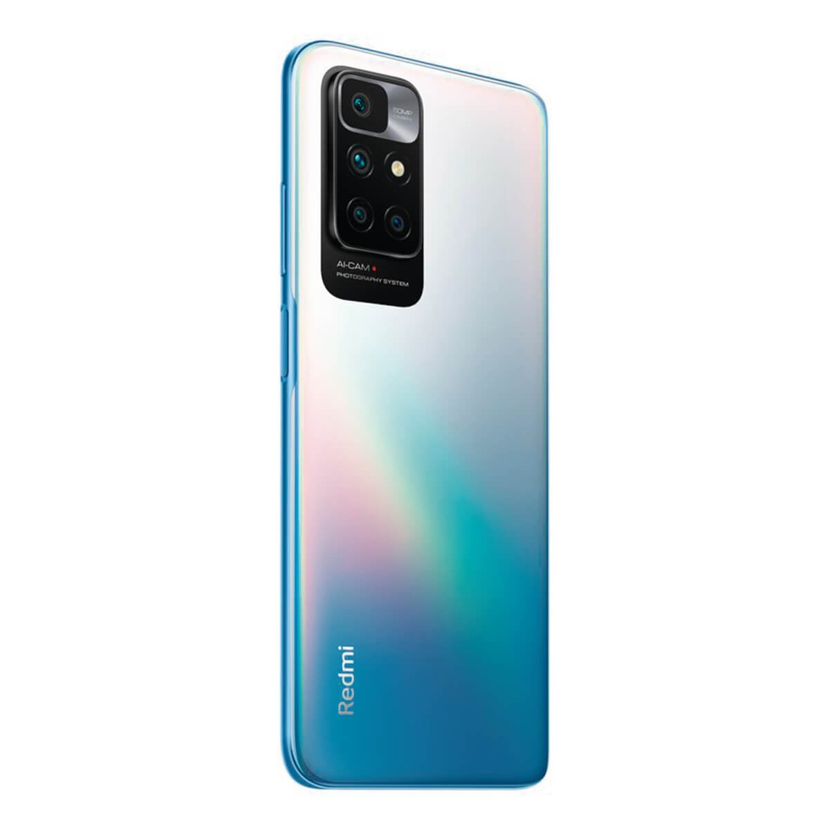 Ein weiß-blaues Smartphone mit Vierfach-Kamera auf der Rückseite und Redmi-Logo unten.