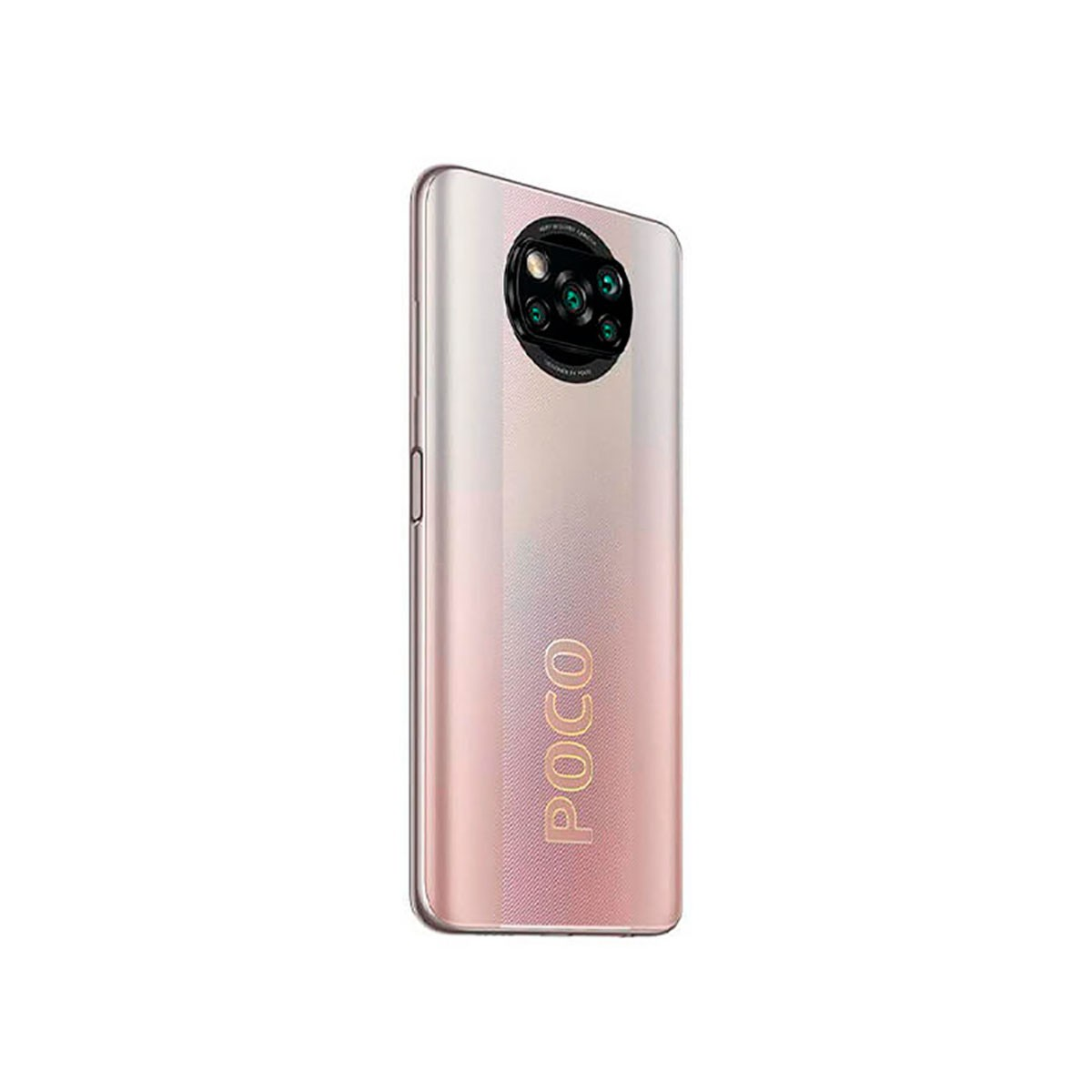 Retro di uno smartphone POCO rosa e bianco con modulo fotocamera circolare e logo verticale.