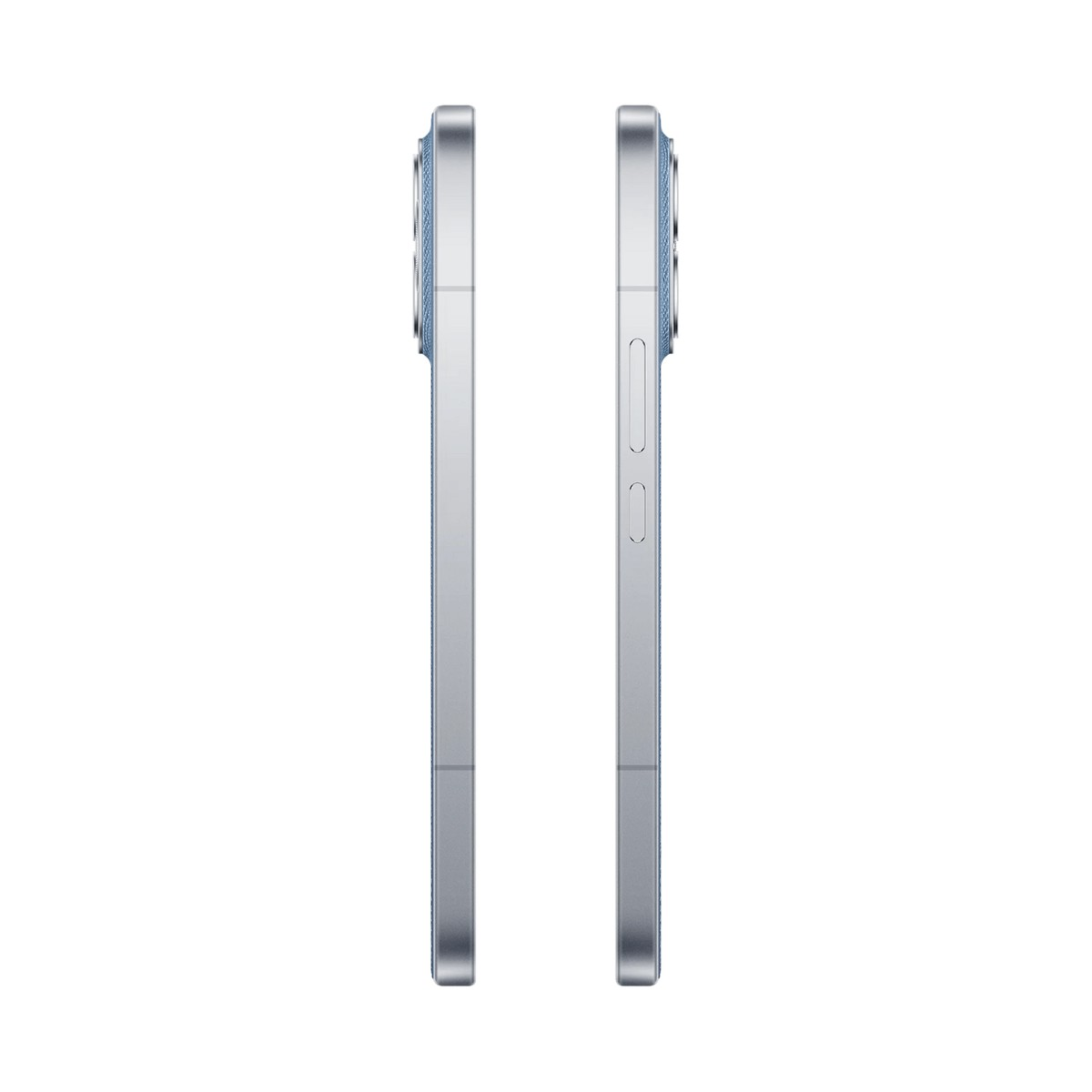 Due viste laterali di uno smartphone sottile con cornice argento, pannello blu e pulsanti fisici.