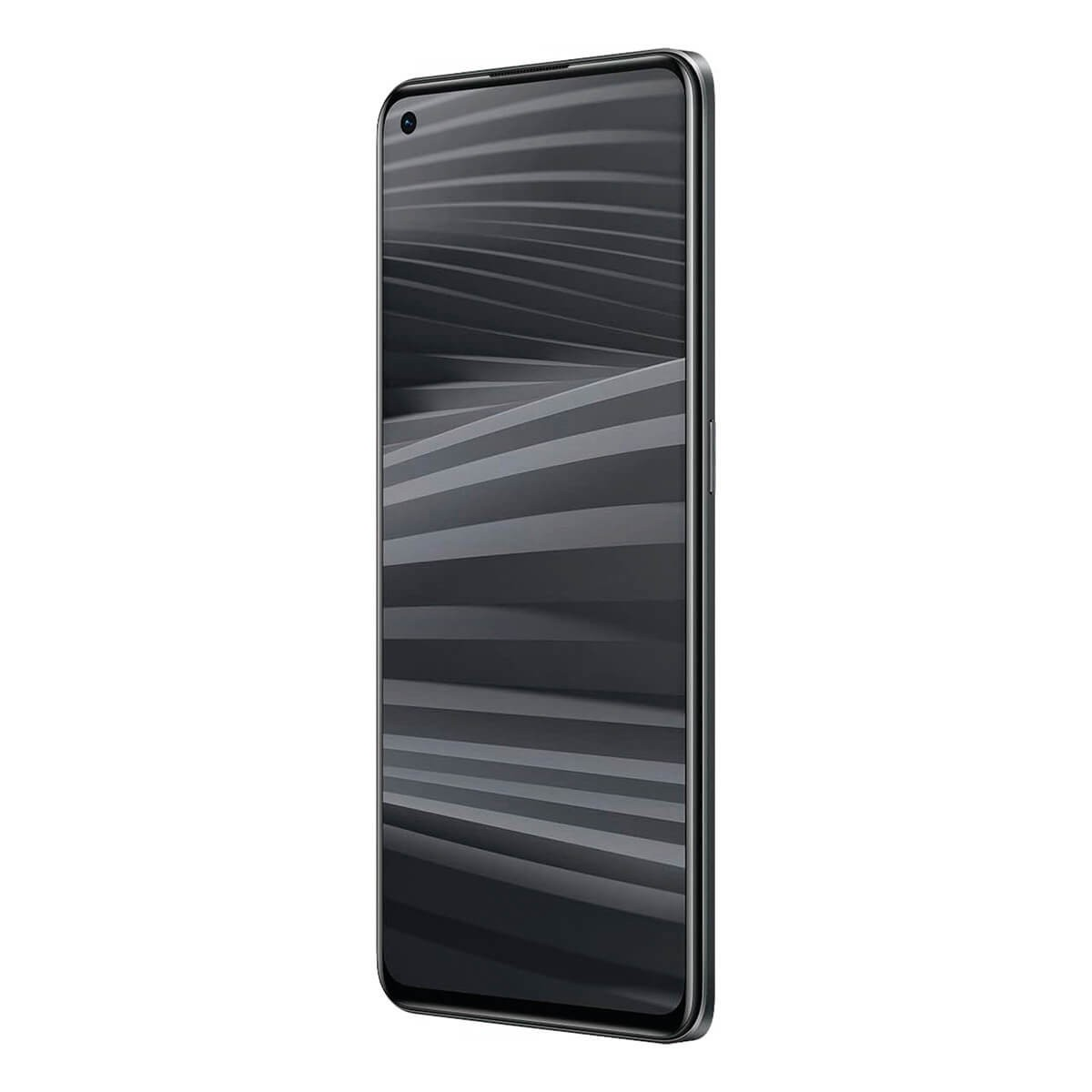 Uno smartphone nero con display a schermo intero che mostra un motivo ad onde astratte grigio su sfondo bianco.