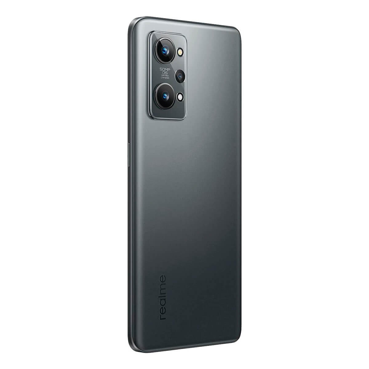 Retro di uno smartphone Realme grigio con tripla fotocamera e logo.
