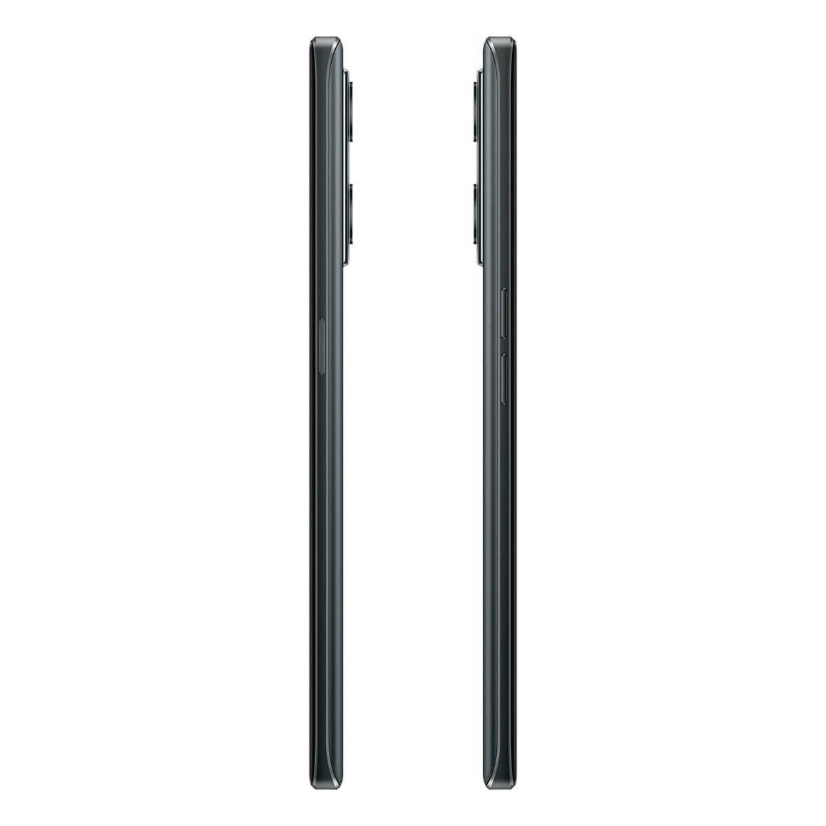 Vista laterale di due smartphone sottili grigio scuro con tasti.