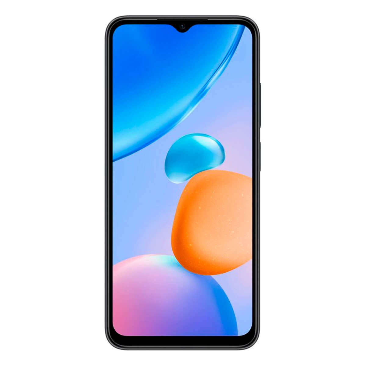 Uno smartphone nero con una grafica di sfondo astratta e colorata su sfondo bianco.
