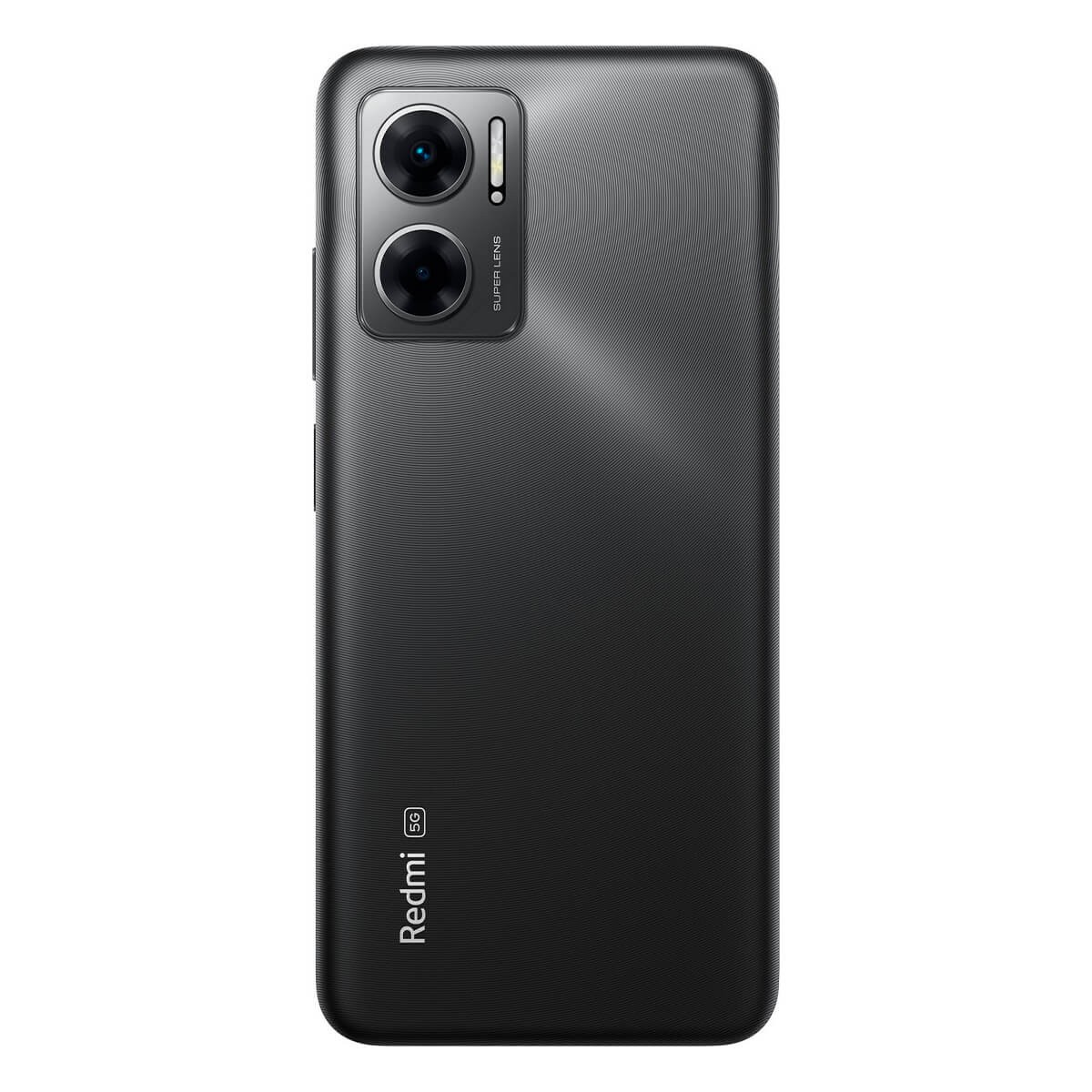 Retro di uno smartphone nero Redmi 5G con doppia fotocamera e motivo testurizzato.