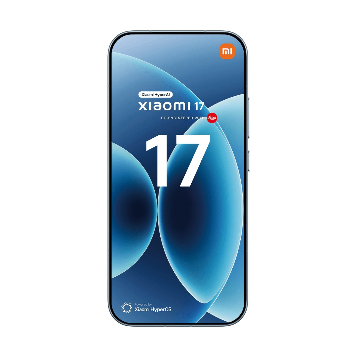 Uno smartphone Xiaomi 17 con sfondo blu, testo bianco e logo Leica sullo schermo.