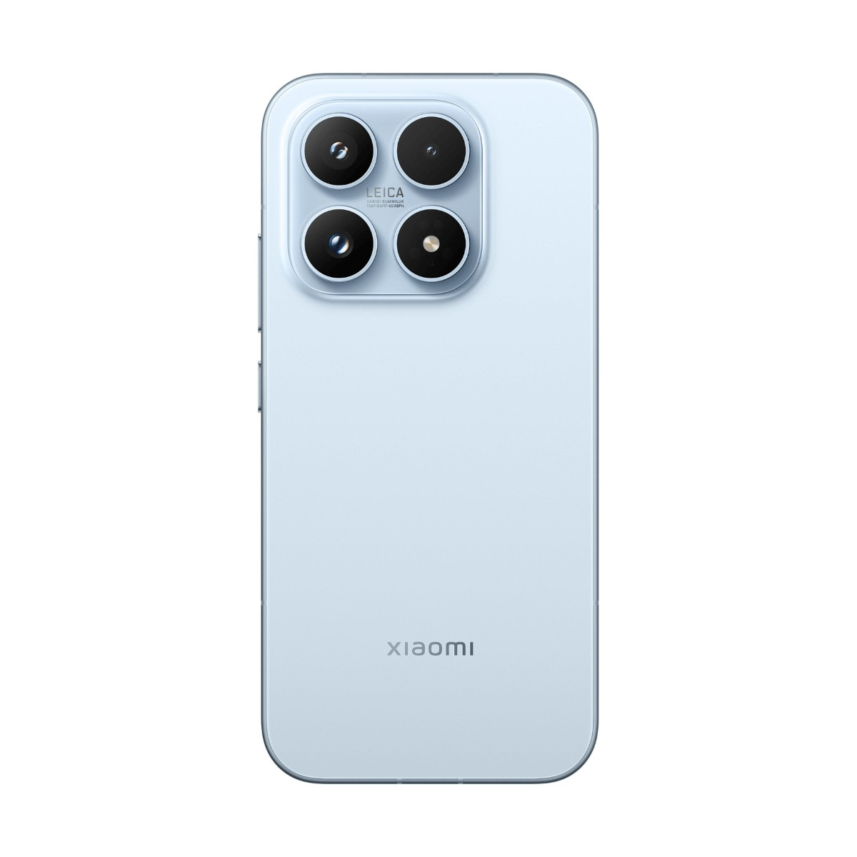 Retro di uno smartphone Xiaomi azzurro con quattro obiettivi fotografici disposti in quadrato e il logo.