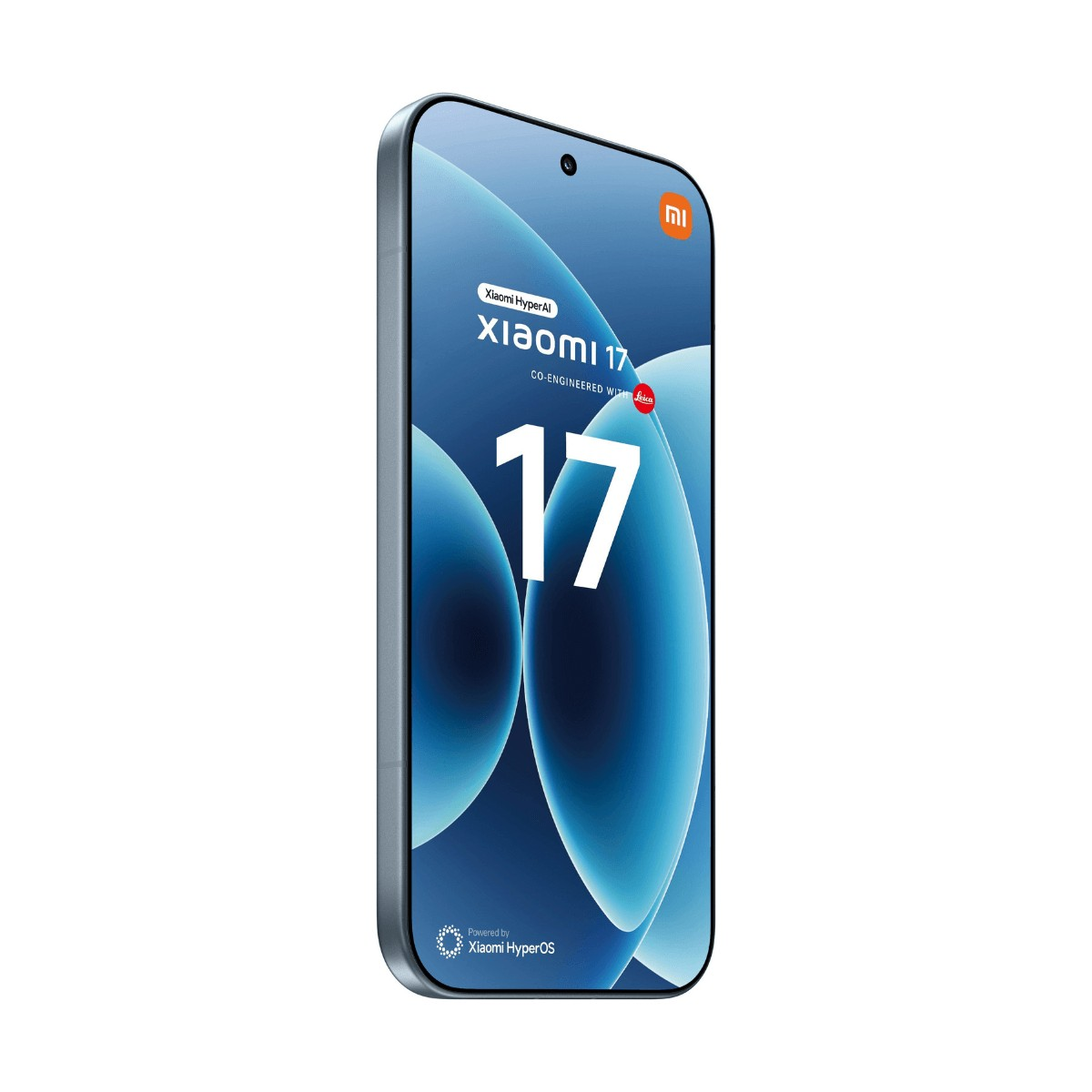 Uno smartphone con display blu che mostra Xiaomi 17 e logo sullo sfondo.