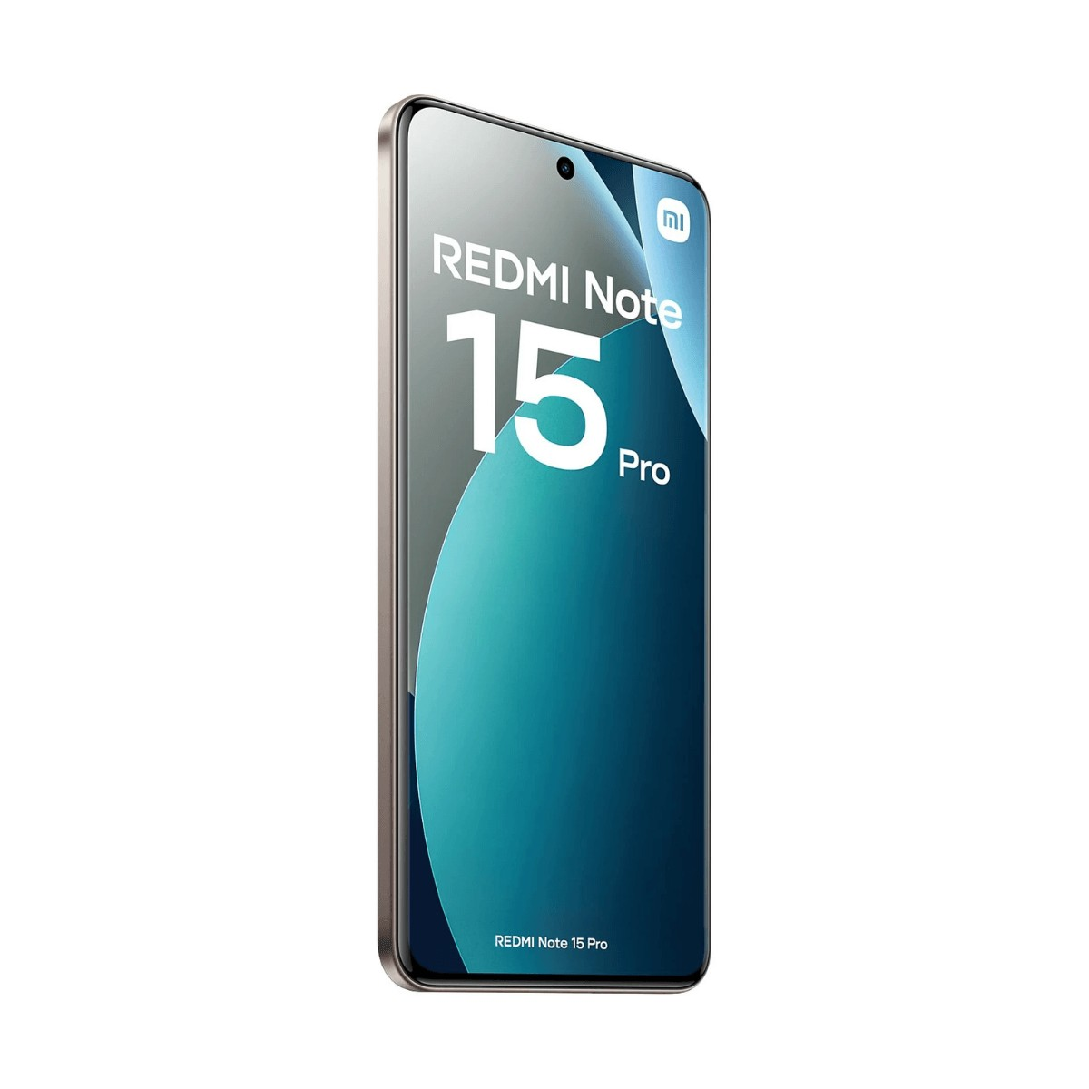 Uno smartphone elegante inclinato a sinistra mostra il testo Redmi Note 15 Pro.
