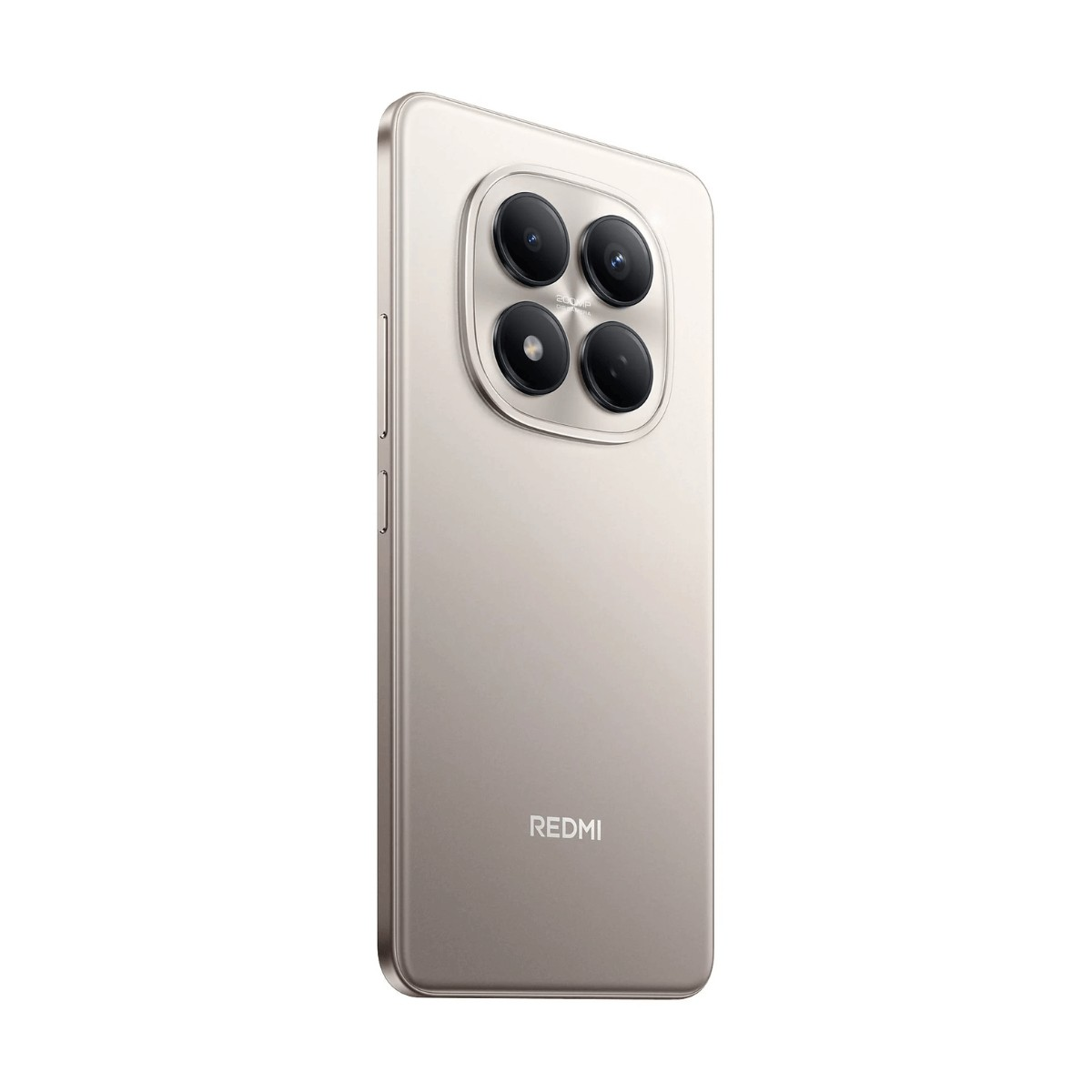 Retro di uno smartphone Redmi beige con un modulo fotocamera quadruplo quadrato e il logo in basso.
