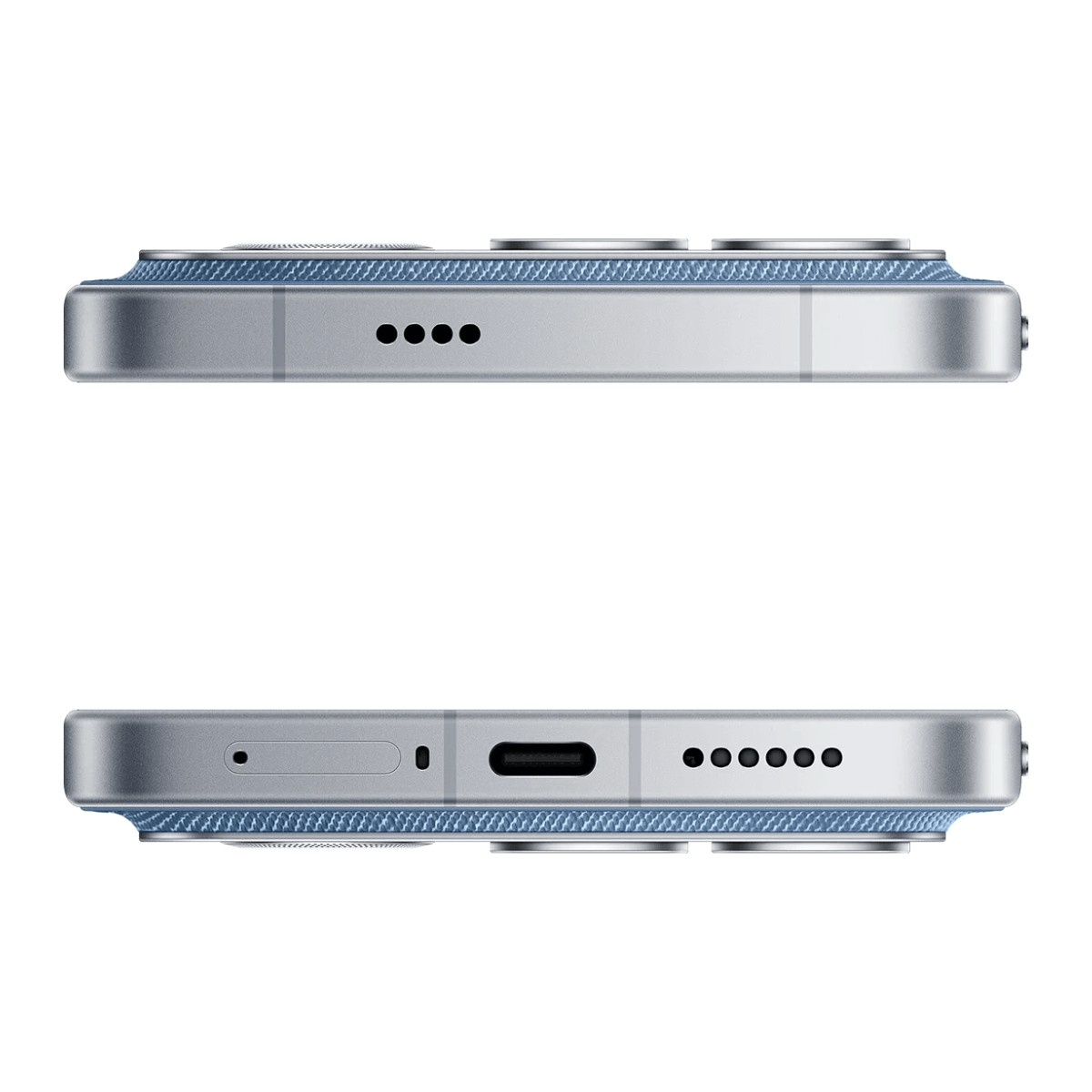 Lati superiore e inferiore di uno smartphone argento con altoparlanti, porta USB-C e carrello SIM.