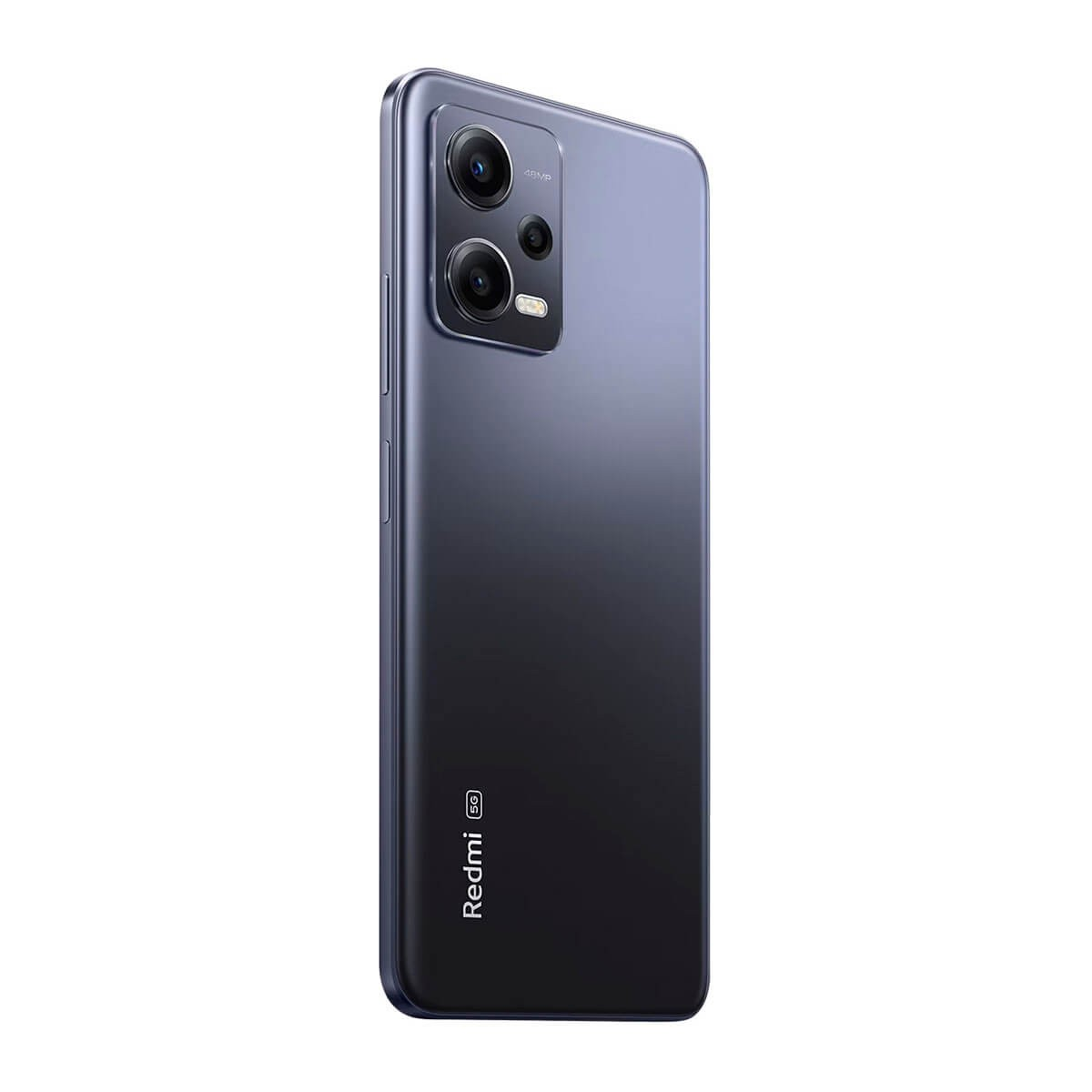 Vue arrière d'un smartphone Redmi gris foncé montrant son module triple caméra et son logo sur fond blanc.