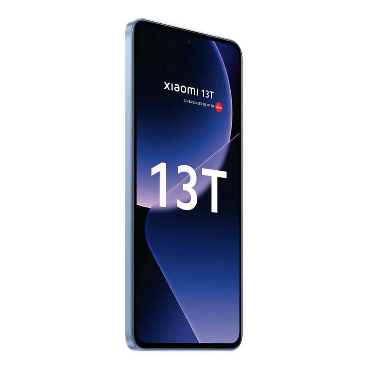 Uno smartphone azzurro mostra il testo Xiaomi 13T e 13T sullo schermo scuro su sfondo bianco.
