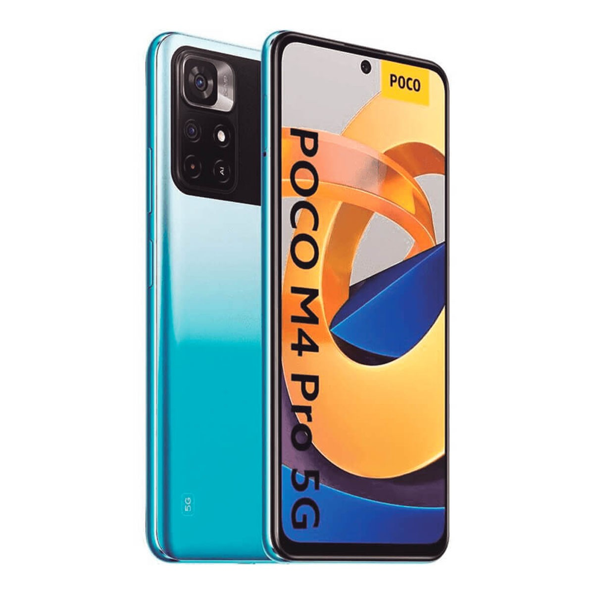Cyanfarbenes Poco M4 Pro 5G Smartphone, zeigt Vorder- und Rückseite mit Kamera.