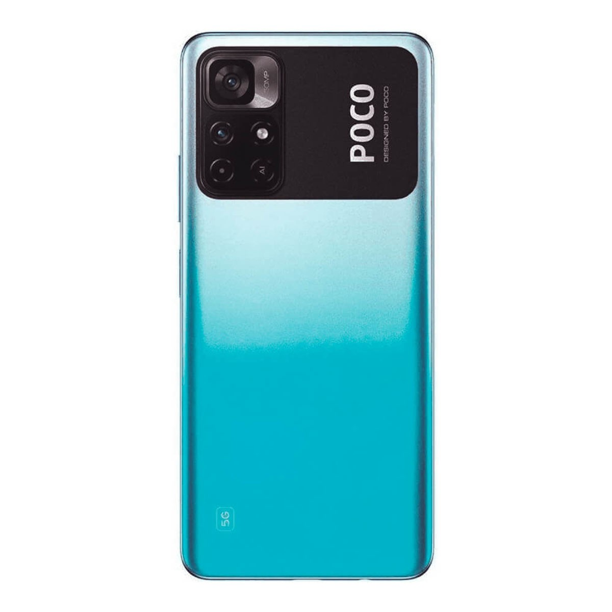 Rückseite eines cyanfarbenen POCO-Smartphones mit rechteckigem Kameramodul und 5G-Logo.