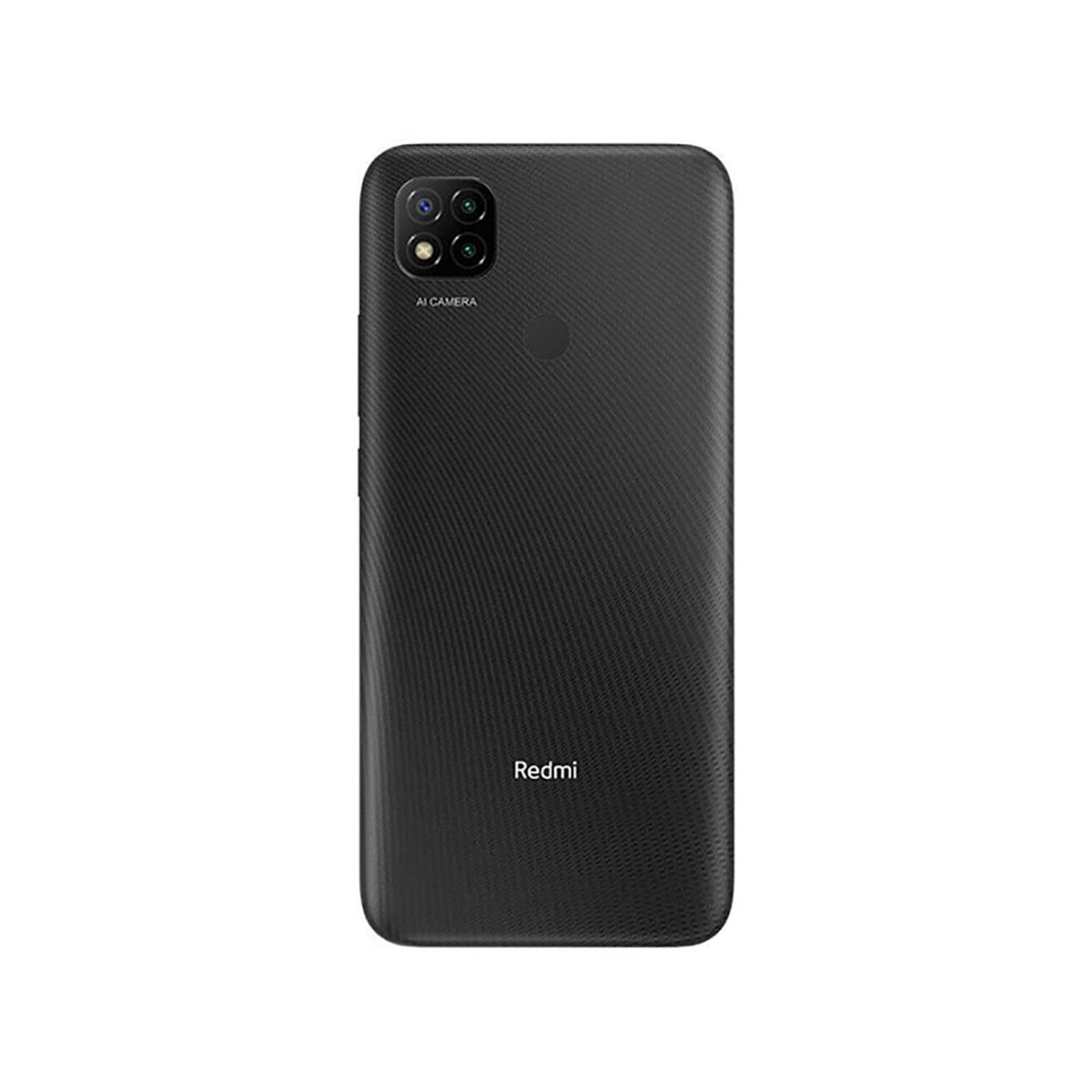 Retro di uno smartphone Redmi nero con finitura testurizzata, doppia fotocamera IA e sensore di impronte digitali.