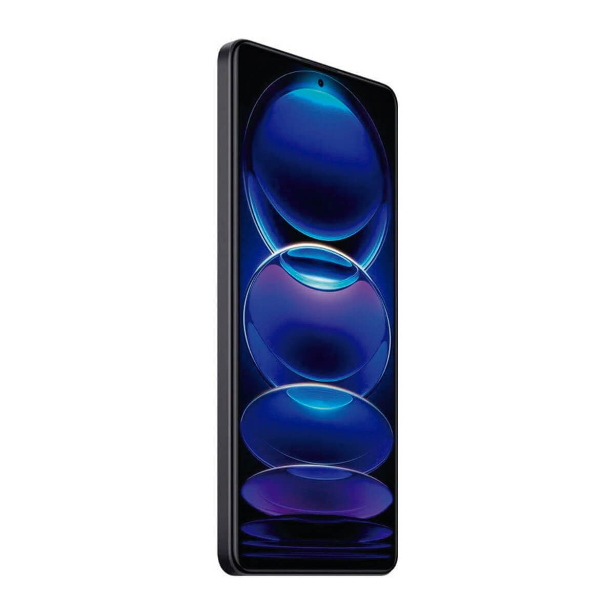 Ein leicht geneigtes schwarzes Smartphone zeigt ein lebendiges blaues abstraktes Hintergrundbild mit kreisförmigen Formen.