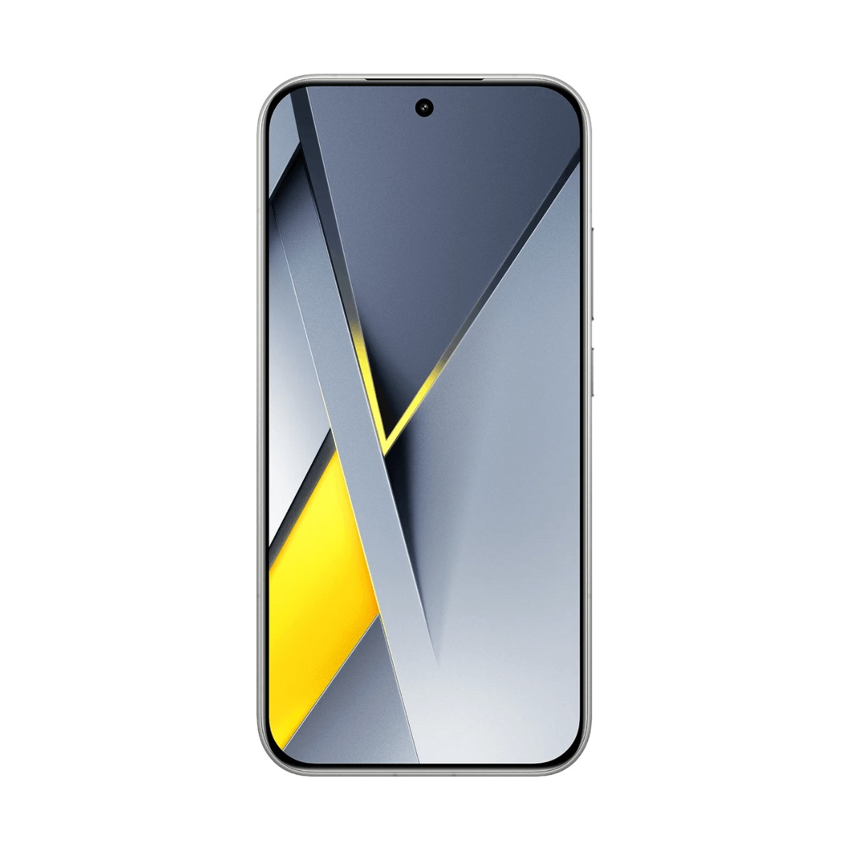 Ein Smartphone mit abgerundeten Ecken und einem abstrakten grau-gelben geometrischen Hintergrund.