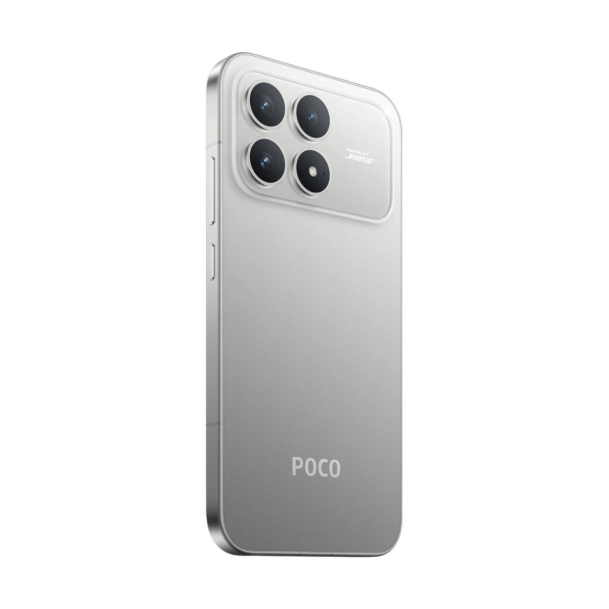 Die Rückseite eines silbernen POCO-Smartphones mit vier Kameras und dem Markenlogo.