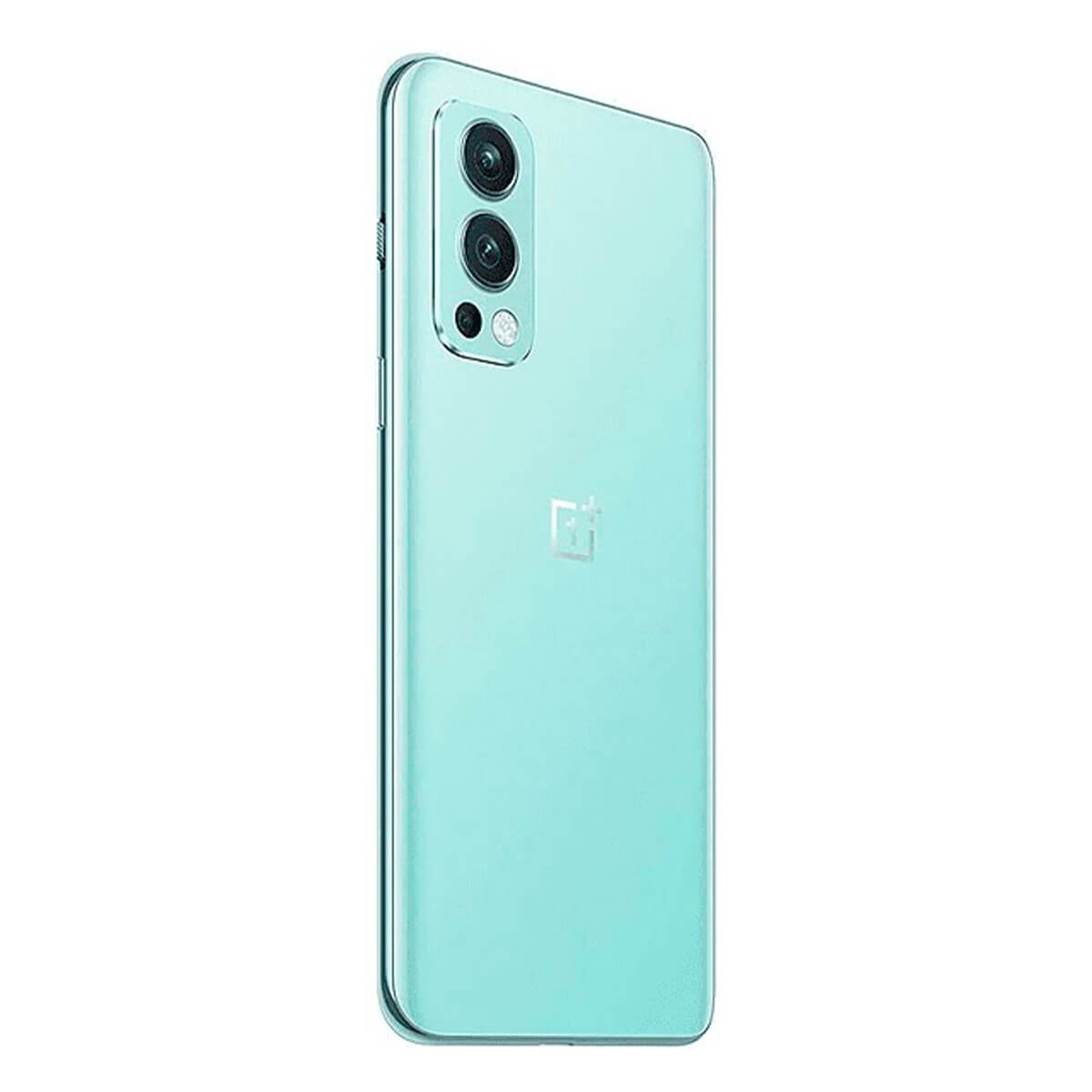 Ein hellblaues Smartphone von hinten, mit vertikalem Dreifach-Kameramodul und Firmenlogo.