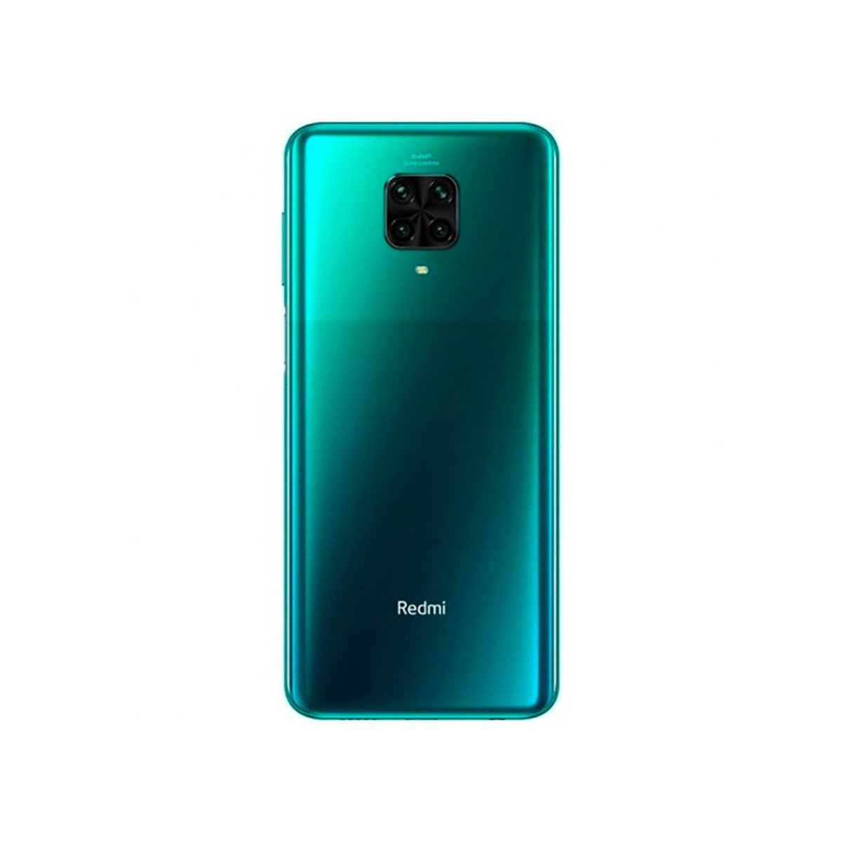 Il retro di uno smartphone Redmi verde con un modulo a quattro fotocamere quadrato e il logo.