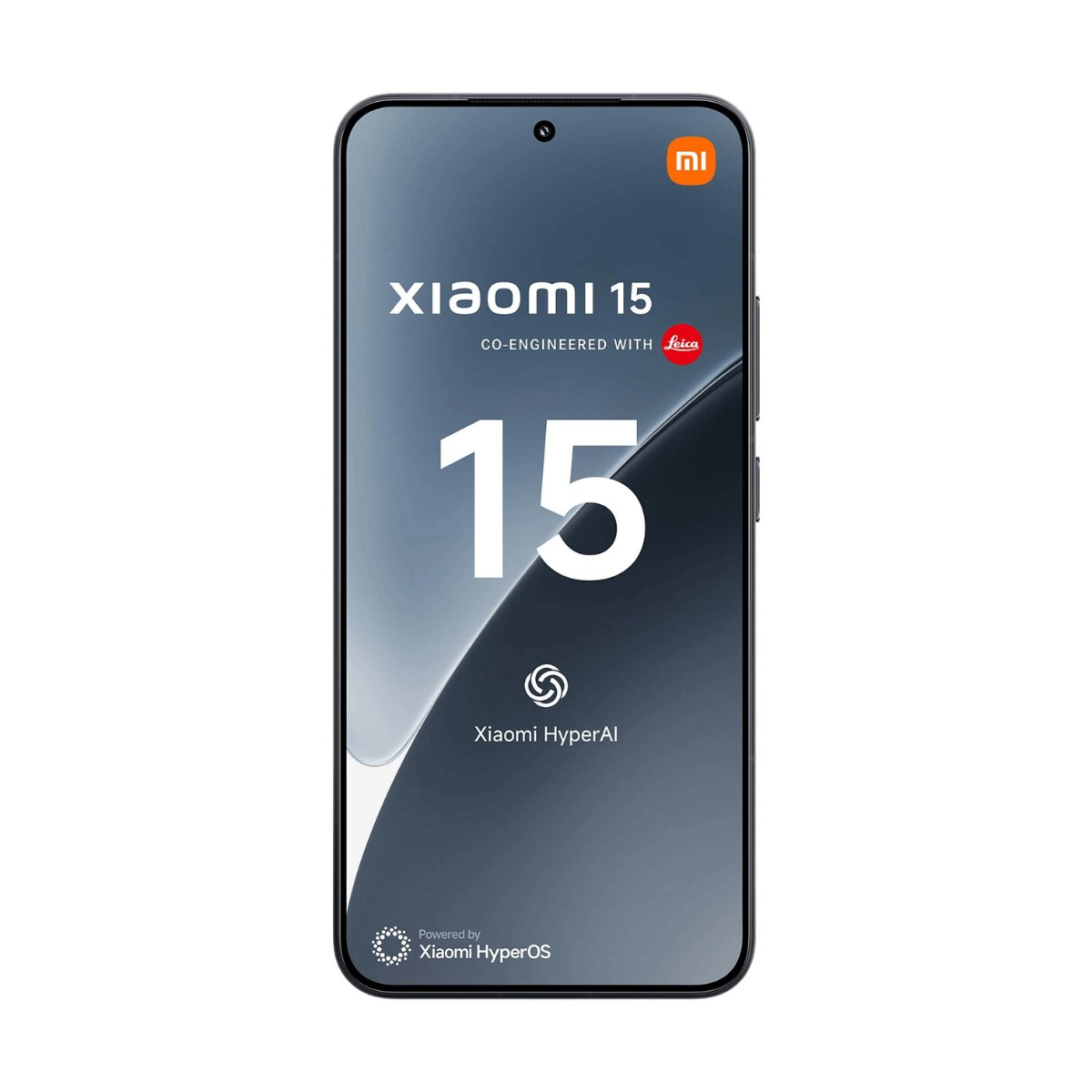 Vista frontale dello smartphone Xiaomi 15 con sfondo grigio sul display.