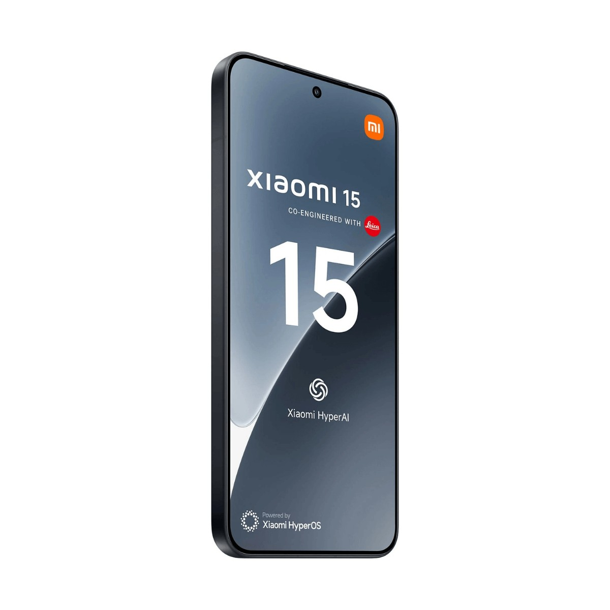 Uno smartphone Xiaomi 15 nero leggermente angolato, che mostra il marchio e il testo del sistema operativo sullo schermo.
